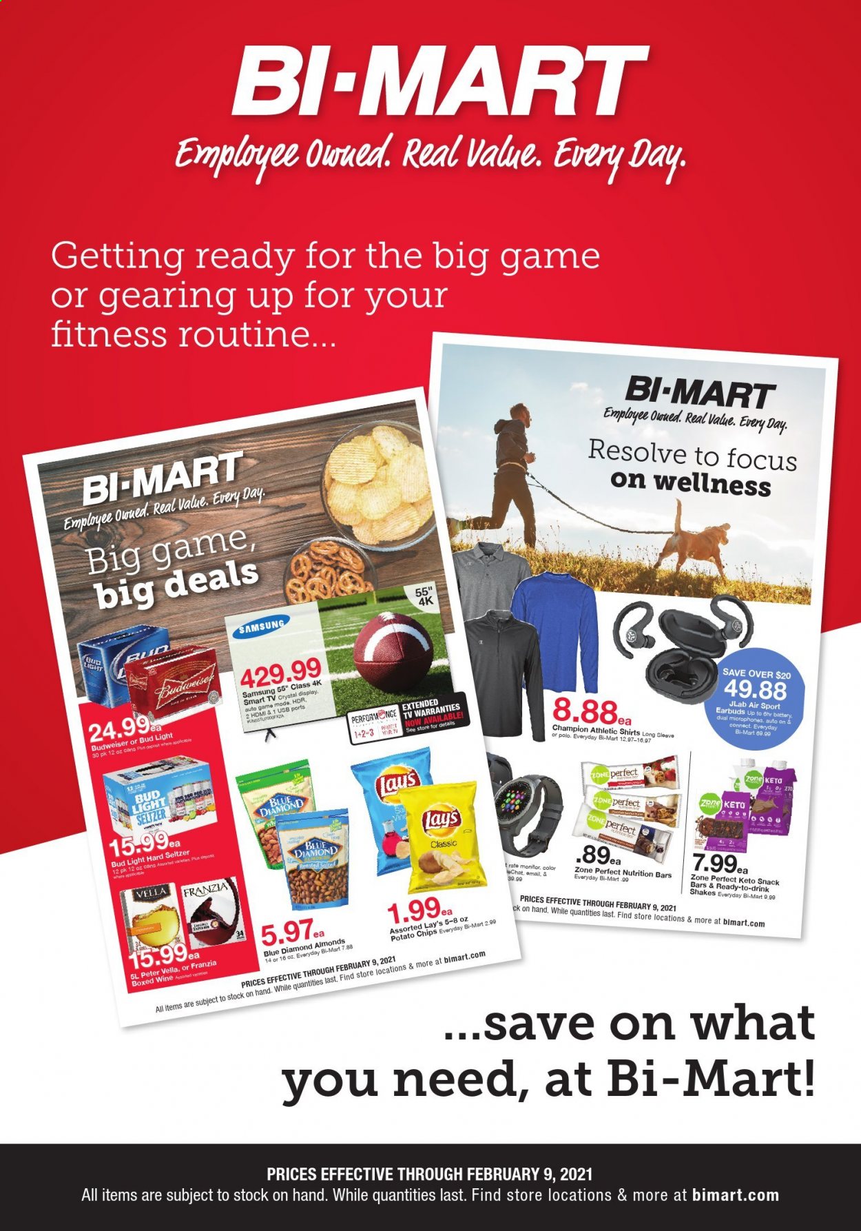 thumbnail - Bi-Mart Flyer - 01/20/2021 - 02/09/2021 - Sales products - shake, snack bar, potato chips, chips, snack, Lay’s, nutrition bar, Zone Perfect, almonds, Blue Diamond, seltzer water, wine, Hard Seltzer, beer, Budweiser, Bud Light, battery, Samsung, monitor, smart tv, TV, earbuds. Page 1.