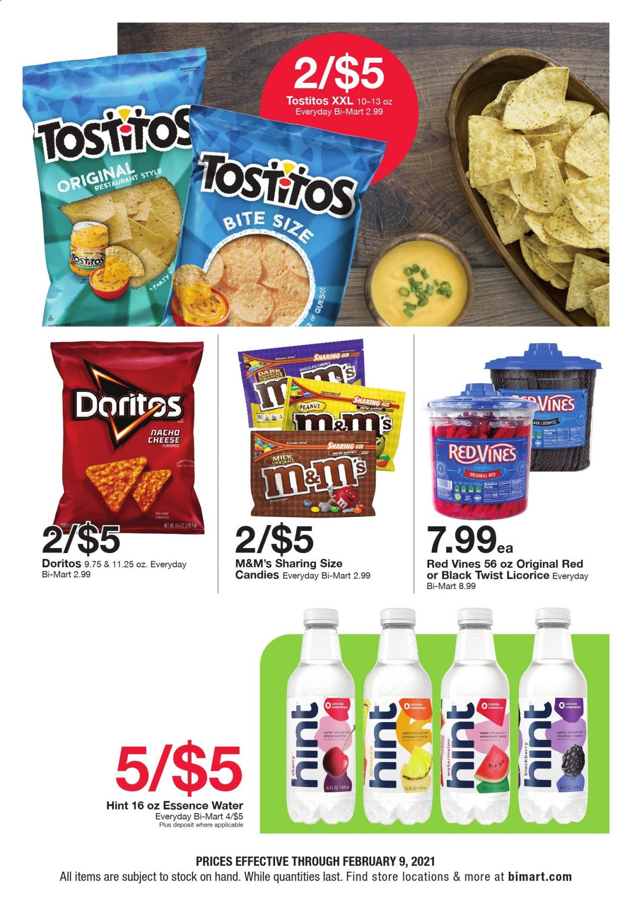 thumbnail - Bi-Mart Flyer - 01/20/2021 - 02/09/2021 - Sales products - cheese, milk chocolate, chocolate, M&M's, Doritos, Tostitos, peanuts, watermelon. Page 3.