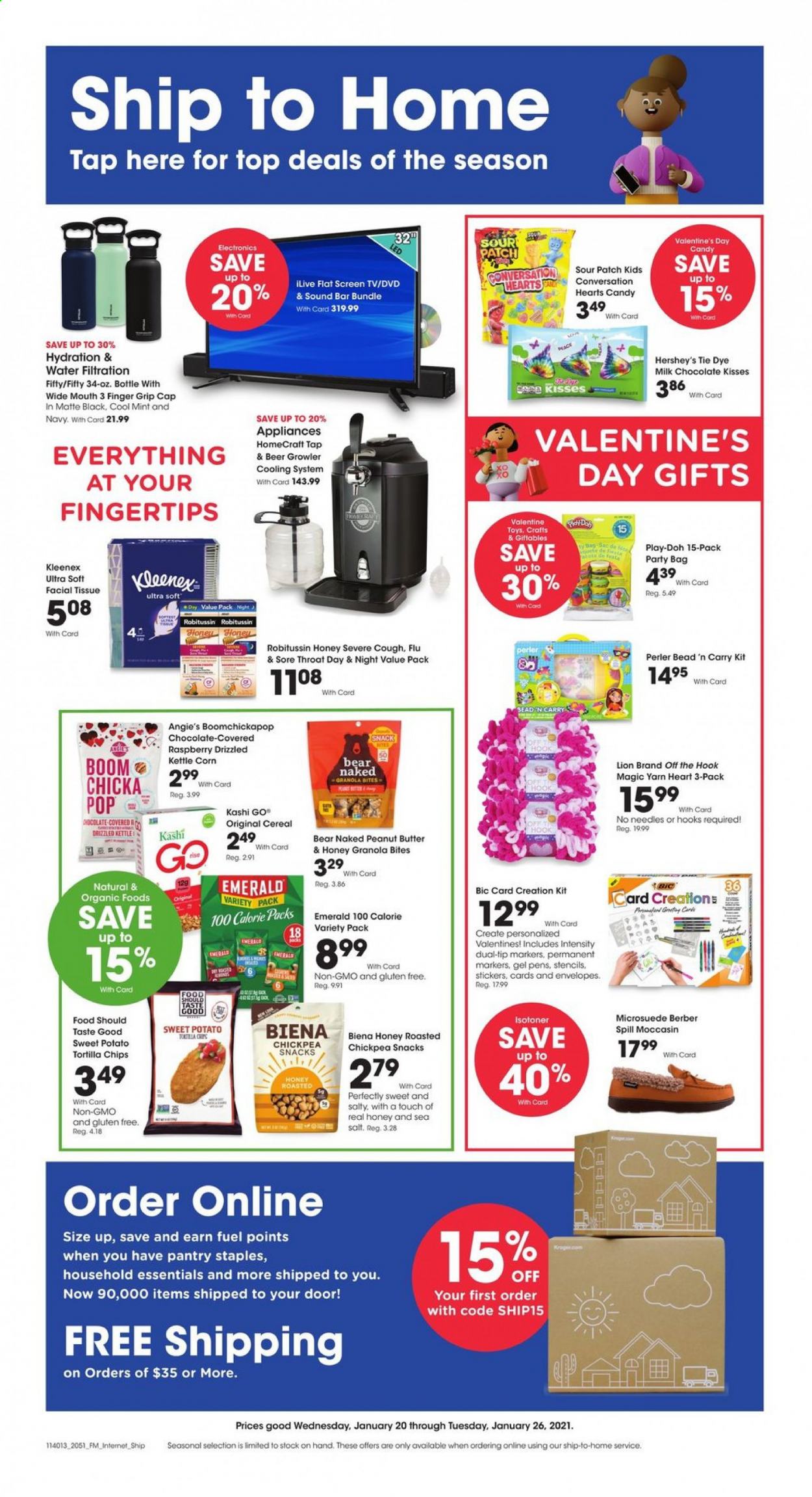 thumbnail - Fred Meyer Flyer - 01/20/2021 - 01/26/2021 - Sales products - sweet potato, Hershey's, milk chocolate, chocolate, sour patch, tortilla chips, kettle corn, chips, snack, sea salt, cereals, granola, honey, peanut butter, beer, Kleenex, tissues, Ace, BIC, hook, sticker, envelope, DVD, water filter, TV, sound bar, Play-doh, toys, Robitussin. Page 1.