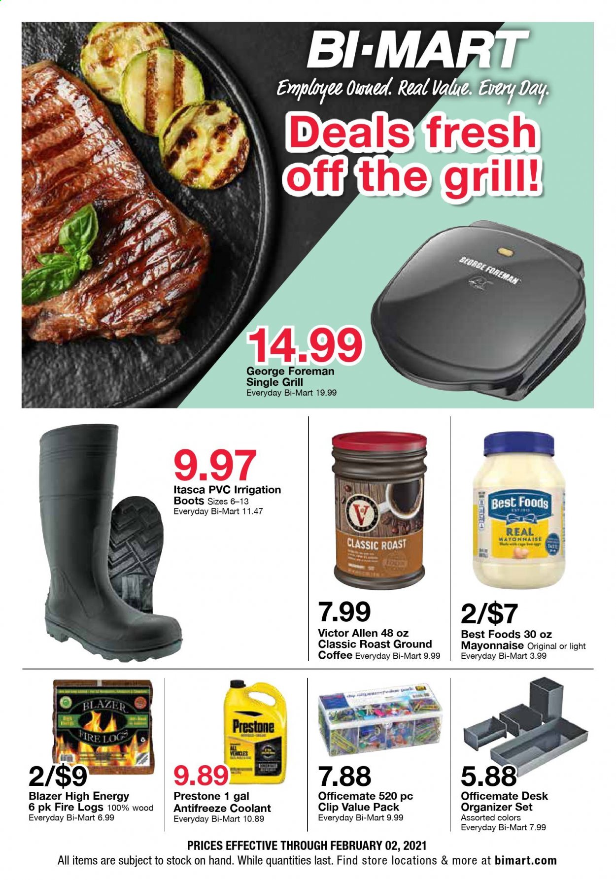 thumbnail - Bi-Mart Flyer - 01/20/2021 - 02/02/2021 - Sales products - mayonnaise, coffee, ground coffee, Victor, fire logs, grill, antifreeze, Prestone. Page 1.