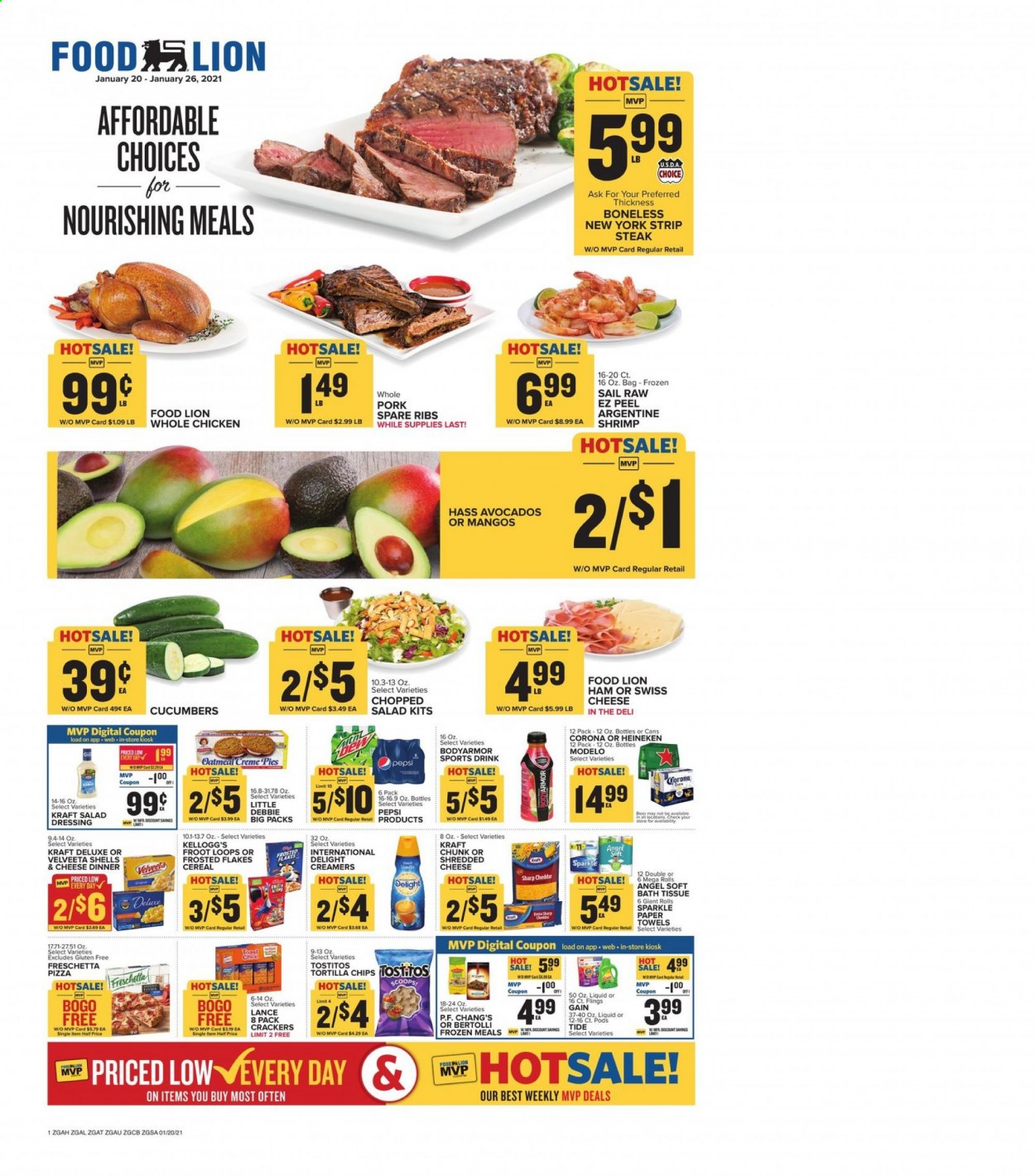 thumbnail - Food Lion Flyer - 01/20/2021 - 01/26/2021 - Sales products - shrimps, pizza, Kraft®, Bertolli, ham, shredded cheese, swiss cheese, cheddar, mango, crackers, Kellogg's, tortilla chips, Tostitos, oatmeal, cucumber, cereals, Frosted Flakes, salad dressing, dressing, Pepsi, beer, Corona Extra, Heineken, Modelo, whole chicken, beef meat, steak, striploin steak, pork meat, pork spare ribs, bath tissue, kitchen towels, paper towels, Gain, Tide, Sharp. Page 1.