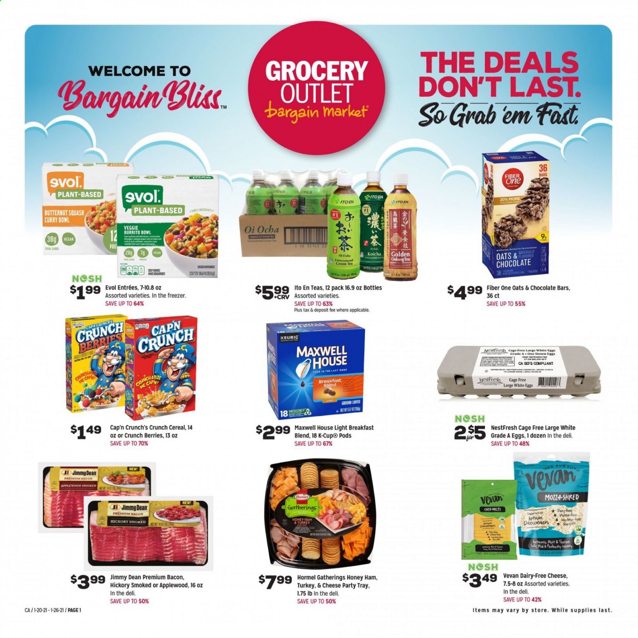 thumbnail - Grocery Outlet Flyer - 01/20/2021 - 01/26/2021 - Sales products - cod, burrito, Jimmy Dean, Hormel, bacon, ham, eggs, cage free eggs, chocolate, oats, cereals, Cap'n Crunch, Fiber One, green tea, Maxwell House, tea, coffee, ground coffee, coffee capsules, K-Cups, Keurig, breakfast blend. Page 1.