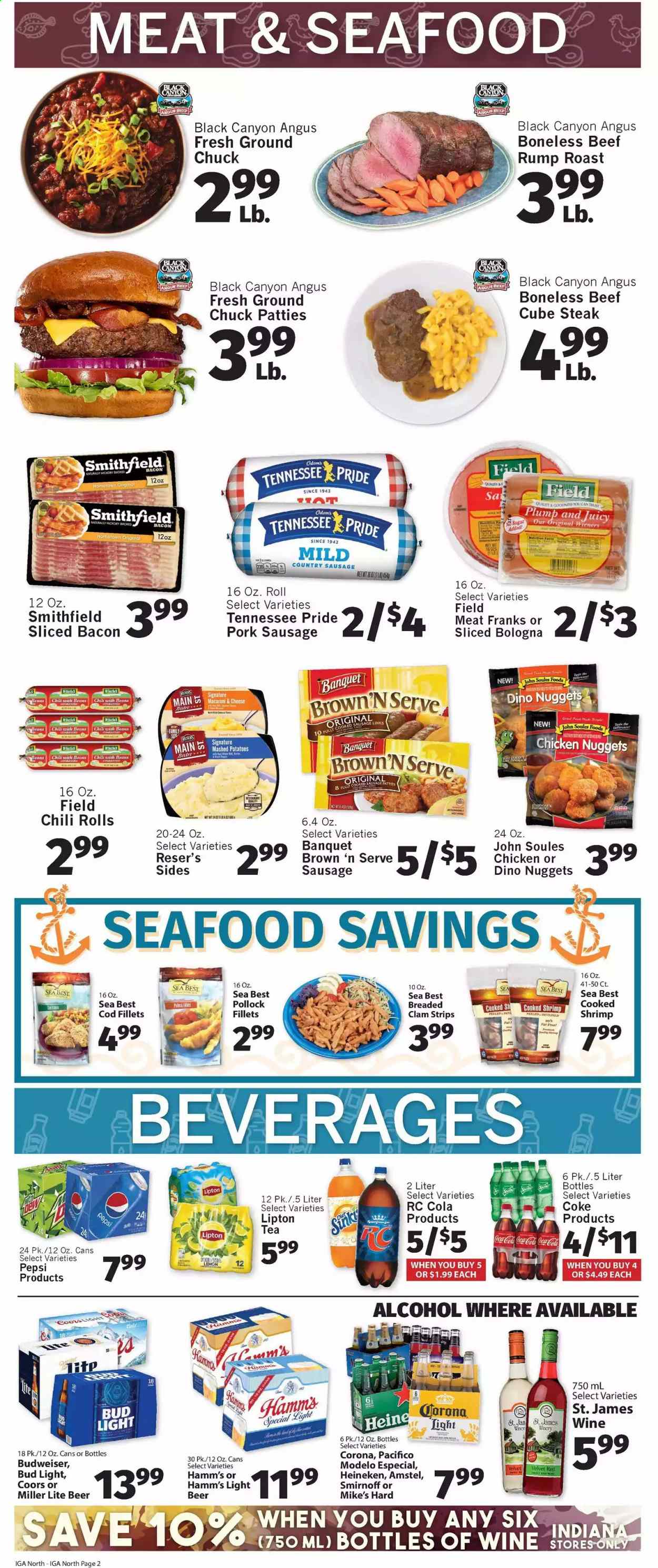 thumbnail - IGA Flyer - 01/20/2021 - 01/26/2021 - Sales products - Budweiser, Miller Lite, Coors, clams, cod, pollock, seafood, shrimps, macaroni & cheese, mashed potatoes, nuggets, chicken nuggets, bacon, bologna sausage, sausage, Brown 'N Serve, beans, strips, pork sausage, Coca-Cola, Pepsi, Lipton, tea, wine, alcohol, Smirnoff, beer, Bud Light, Corona Extra, Heineken, Modelo, beef meat, ground chuck, steak, Trust. Page 2.