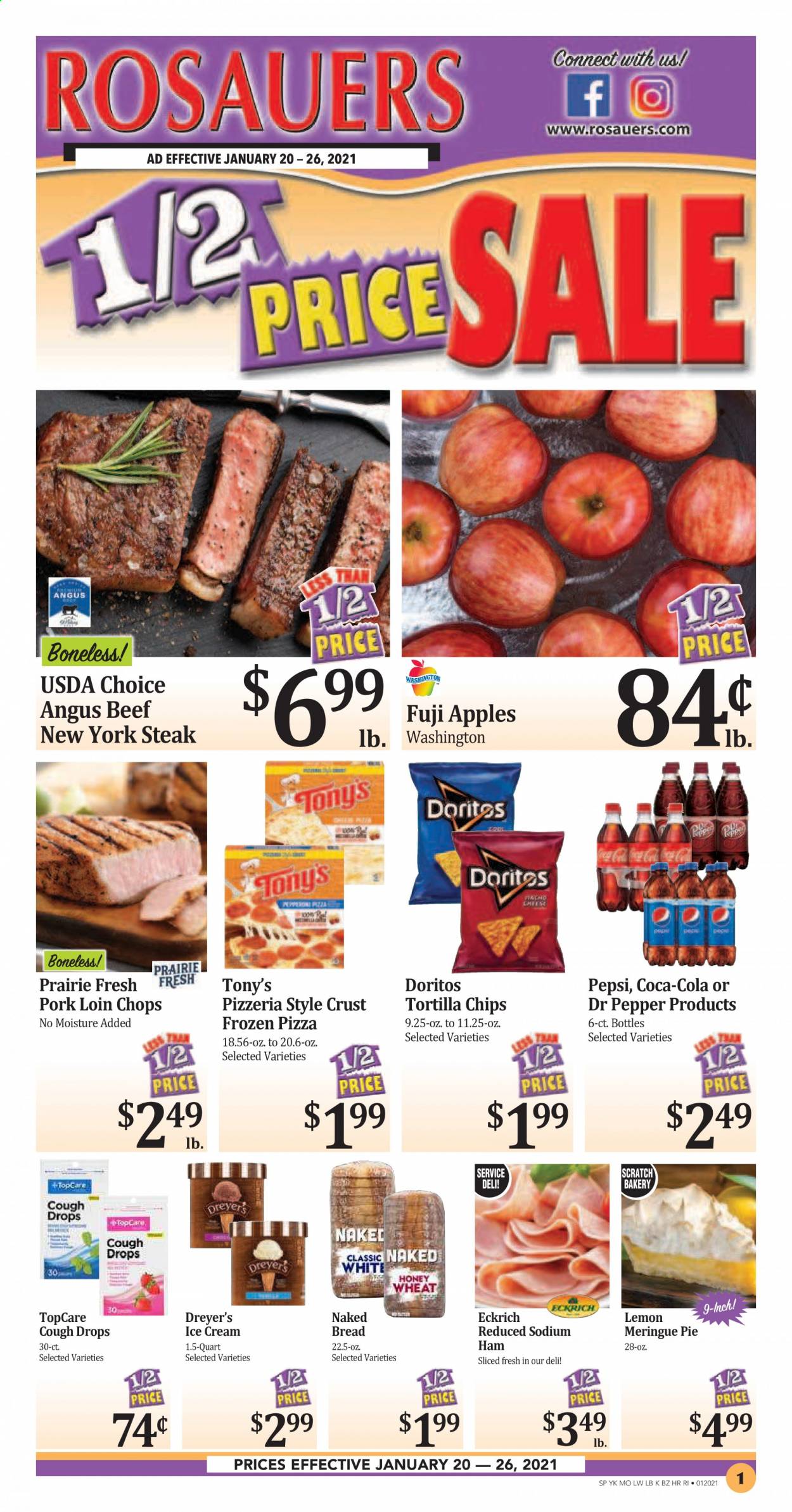 thumbnail - Rosauers Flyer - 01/20/2021 - 01/26/2021 - Sales products - Fuji apple, bread, pie, apples, pizza, ham, pepperoni, cheese, ice cream, Doritos, tortilla chips, Coca-Cola, Pepsi, Dr. Pepper, beef meat, steak, pork loin, pork meat, cough drops. Page 1.