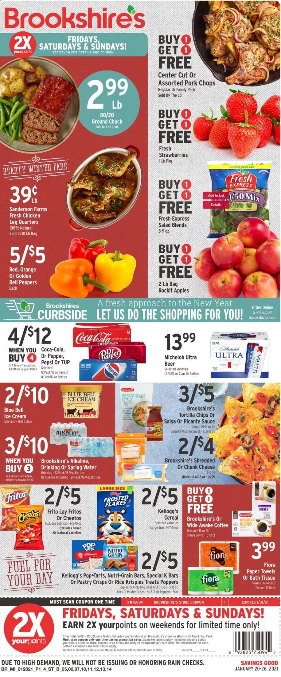 thumbnail - Brookshires Flyer - 01/20/2021 - 01/26/2021 - Sales products - Michelob, bell peppers, apples, oranges, salad, sauce, cheese, chunk cheese, salsa, ice cream, Blue Bell, strawberries, Kellogg's, Pop-Tarts, Nutri-Grain bars, tortilla chips, Cheetos, chips, cereals, Fritos, Rice Krispies, Frosted Flakes, Nutri-Grain, dried dates, Coca-Cola, Pepsi, Dr. Pepper, 7UP, spring water, coffee, breakfast blend, beer, ground chuck, pork chops, pork meat, bath tissue, kitchen towels, paper towels. Page 1.