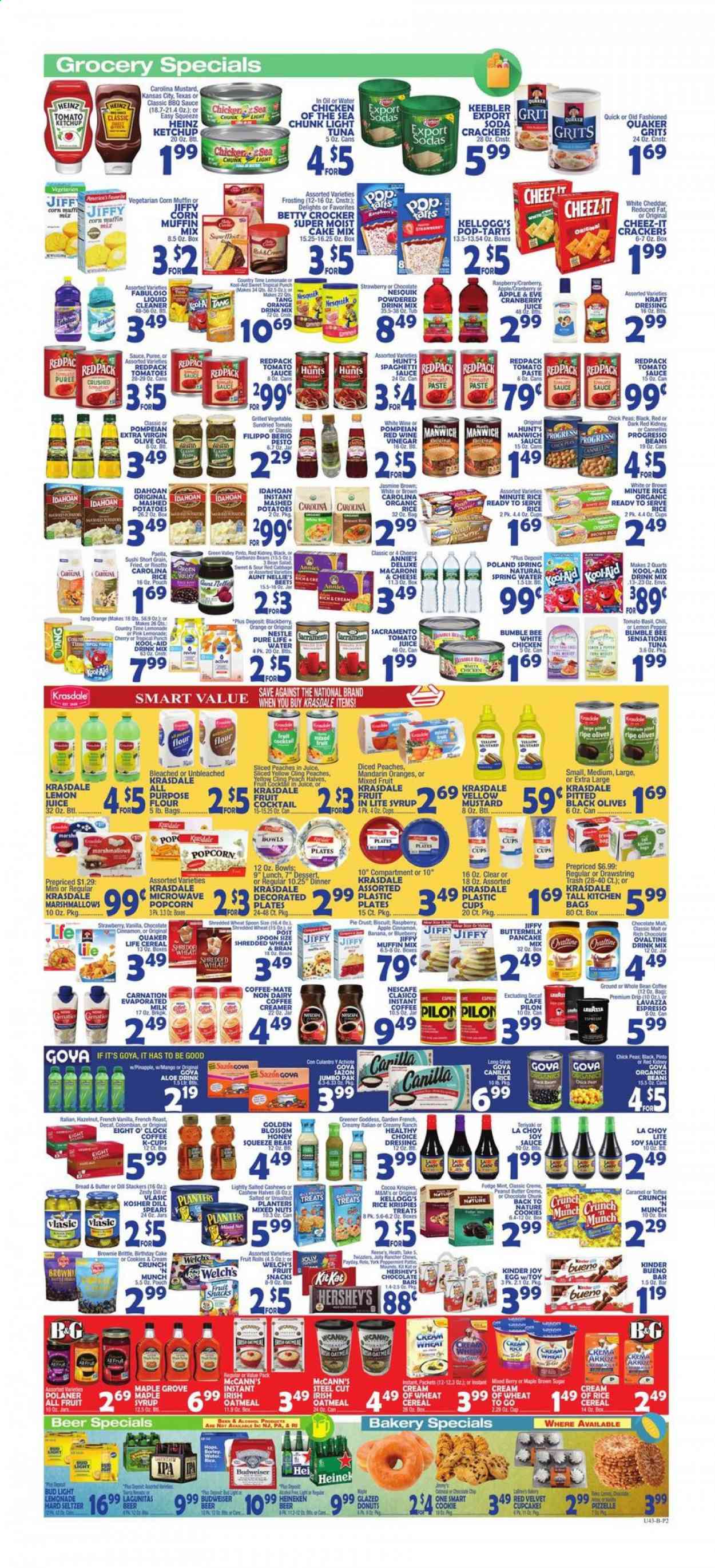 thumbnail - Bravo Supermarkets Flyer - 01/22/2021 - 01/28/2021 - Sales products - Budweiser, bread, cake mix, cupcake, pie, brownies, donut, pancakes, muffin, oranges, tuna, macaroni & cheese, mashed potatoes, risotto, Quaker, Progresso, Welch's, Healthy Choice, Annie's, Kraft®, cheddar, buttermilk, Coffee-Mate, evaporated milk, eggs, Blossom, creamer, coffee and tea creamer, dip, Reese's, corn, peas, paella, cookies, marshmallows, Nestlé, chocolate, Kinder Joy, KitKat, crackers, Kellogg's, Kinder Bueno, Nesquik, Pop-Tarts, fruit snack, Keebler, popcorn, Cheez-It, all purpose flour, cane sugar, flour, frosting, pie crust, oatmeal, grits, malt, corn muffin, mandarines, tomato paste, Heinz, olives, light tuna, Chicken of the Sea, Goya, Manwich, cereals, Cream of Wheat, Rice Krispies, esponja, dill, cinnamon, BBQ sauce, mustard, soy sauce, tomato sauce, ketchup, pesto, dressing, teriyaki sauce, extra virgin olive oil, vinegar, olive oil, maple syrup, honey, peanut butter, syrup, cashews, dried tomatoes, mixed nuts, Planters, cranberry juice, lemonade, tomato juice, soda, Country Time, seltzer water, spring water, lemon juice, instant coffee, Nescafé, coffee capsules, K-Cups, Lavazza, punch, Hard Seltzer, beer, Bud Light, Heineken, IPA, liquid cleaner, Fabuloso. Page 2.