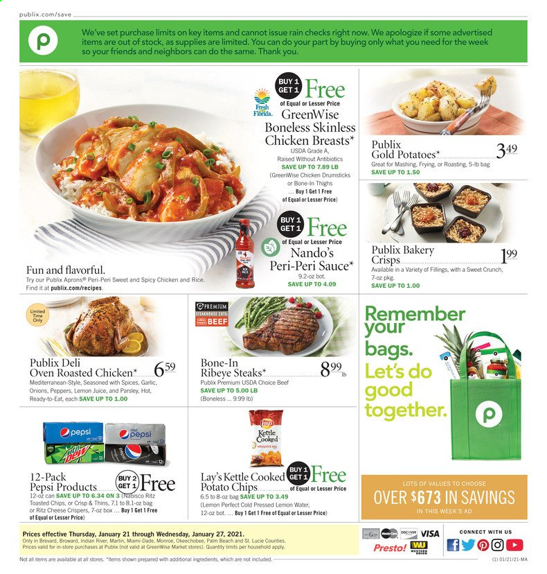 thumbnail - Publix Flyer - 01/21/2021 - 01/27/2021 - Sales products - RITZ, potato chips, chips, Lay’s, Thins, garlic, rice, parsley, Pepsi, lemon juice, chicken breasts, chicken drumsticks, beef meat, steak, bone-in ribeye, ribeye steak. Page 1.