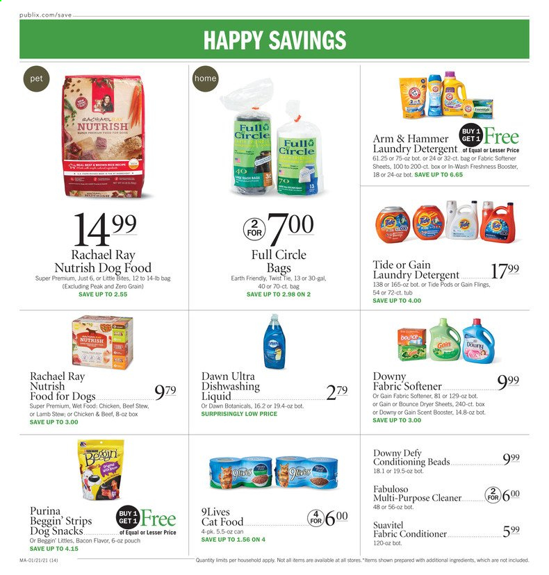 thumbnail - Publix Flyer - 01/21/2021 - 01/27/2021 - Sales products - Little Bites, bacon, strips, snack, ARM & HAMMER, detergent, Gain, cleaner, Fabuloso, Tide, fabric softener, laundry detergent, Bounce, conditioning beads, dryer sheets, dishwashing liquid, conditioner, Sure, animal food, cat food, dog food, Purina, 9lives, Beggin', Nutrish. Page 14.