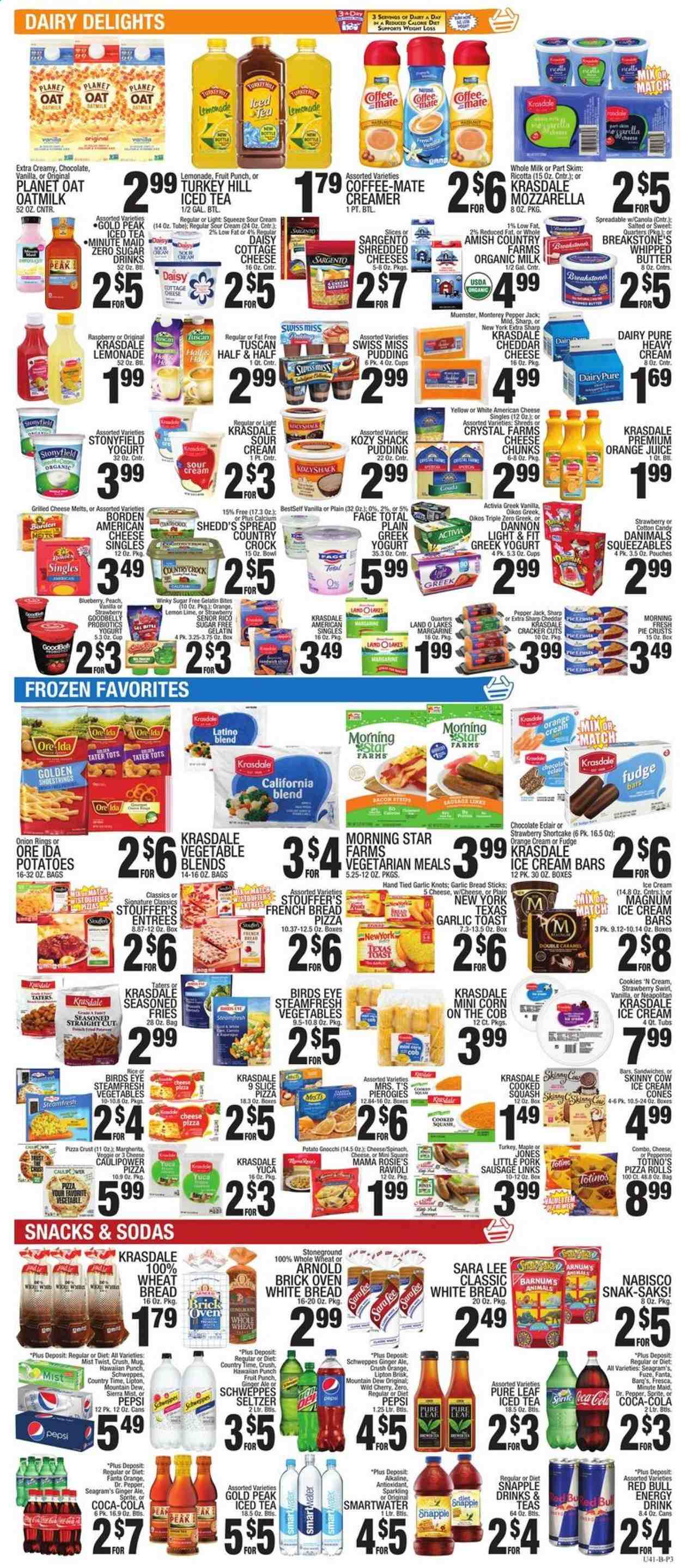 thumbnail - C-Town Flyer - 01/22/2021 - 01/28/2021 - Sales products - wheat bread, white bread, pizza rolls, toast bread, Sara Lee, pie, gnocchi, pizza, onion rings, sandwich, Bird's Eye, sausage, pepperoni, american cheese, cottage cheese, mozzarella, ricotta, cheddar, Pepper Jack cheese, cheese, Münster cheese, Sargento, greek yoghurt, pudding, yoghurt, probiotic yoghurt, Activia, Oikos, Dannon, Danimals, Coffee-Mate, organic milk, oat milk, margarine, whipped butter, sour cream, creamer, ice cream, ice cream bars, corn, spinach, Stouffer's, potato fries, Ore-Ida, cookies, fudge, chocolate, cotton candy, crackers, Swiss Miss, snack, pie crust, oats, ravioli, pork sausage, Coca-Cola, ginger ale, lemonade, Mountain Dew, Schweppes, Sprite, Pepsi, orange juice, juice, Fanta, energy drink, Lipton, Dr. Pepper, Diet Pepsi, Red Bull, Snapple, Sierra Mist, Country Time, seltzer water, Pure Leaf. Page 3.