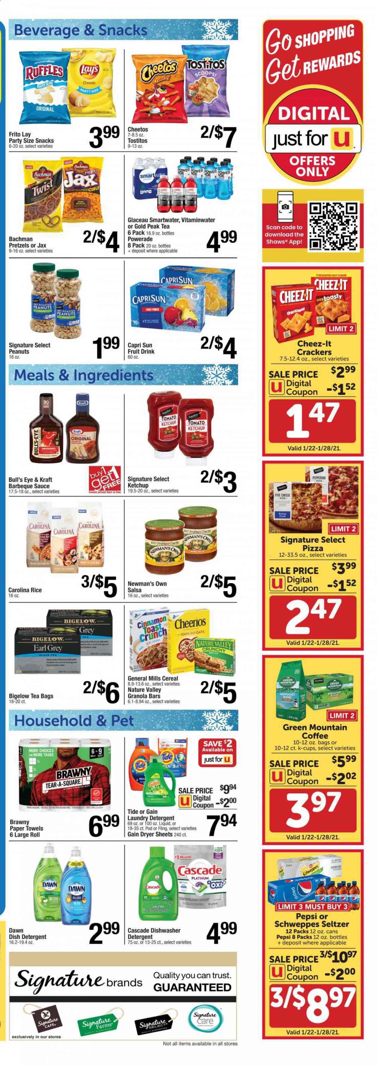 thumbnail - Shaw’s Flyer - 01/22/2021 - 01/28/2021 - Sales products - pretzels, toast bread, pizza, Kraft®, pepperoni, cheese, salsa, crackers, Cheetos, snack, Lay’s, Cheez-It, Ruffles, Tostitos, oats, cereals, Cheerios, granola bar, Nature Valley, rice, cinnamon, BBQ sauce, ketchup, roasted peanuts, peanuts, Capri Sun, Schweppes, Powerade, Pepsi, fruit drink, Gold Peak Tea, seltzer water, tea bags, coffee, coffee capsules, K-Cups, Green Mountain, kitchen towels, paper towels, detergent, Gain, Cascade, Tide, laundry detergent, dryer sheets, Trust. Page 3.