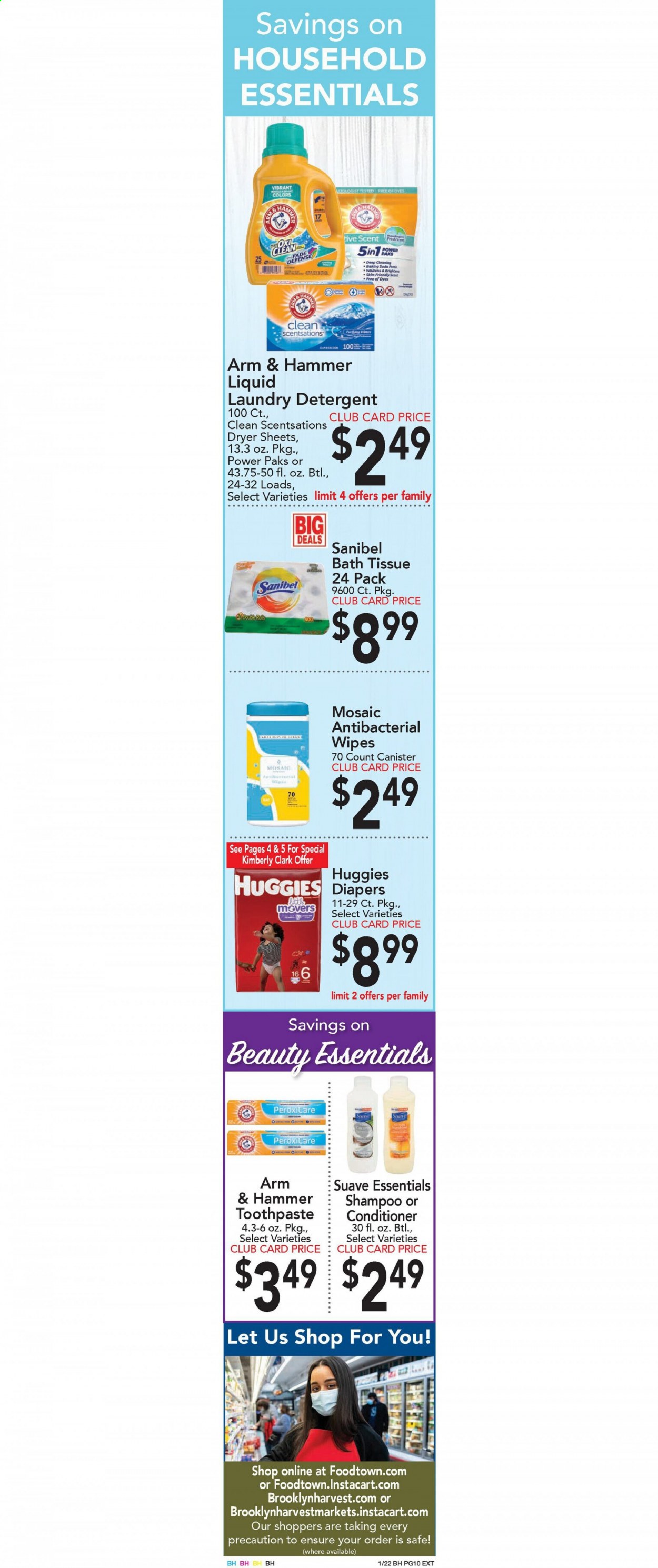 thumbnail - Foodtown Flyer - 01/22/2021 - 01/28/2021 - Sales products - ARM & HAMMER, bicarbonate of soda, Huggies, bath tissue, detergent, wipes, laundry detergent, dryer sheets, shampoo, Suave, toothpaste, conditioner, canister. Page 9.