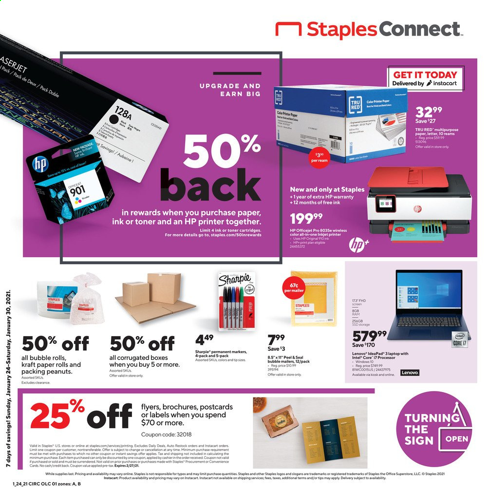 thumbnail - Staples Flyer - 01/24/2021 - 01/30/2021 - Sales products - Lenovo, Hewlett Packard, paper, Sharpie, laptop, Intel, printer, HP OfficeJet, toner. Page 1.