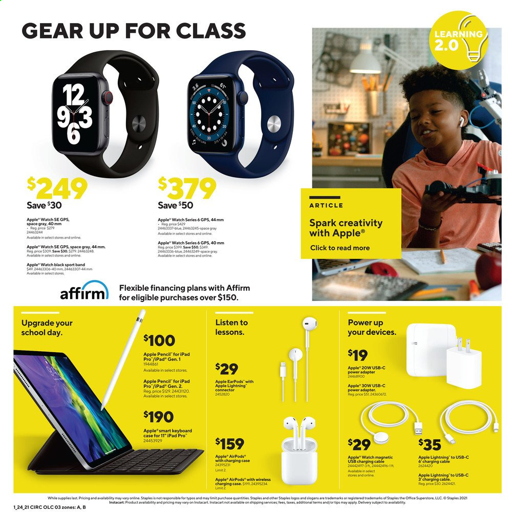 thumbnail - Staples Flyer - 01/24/2021 - 01/30/2021 - Sales products - Apple, iPad, iPad Pro, pencil, Apple Watch, keyboard, Airpods, adapter. Page 3.