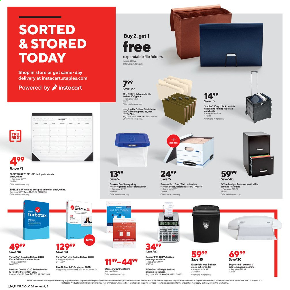 thumbnail - Staples Flyer - 01/24/2021 - 01/30/2021 - Sales products - calendar, folder, calculator, Canon, shredder, cabinet, storage box. Page 4.
