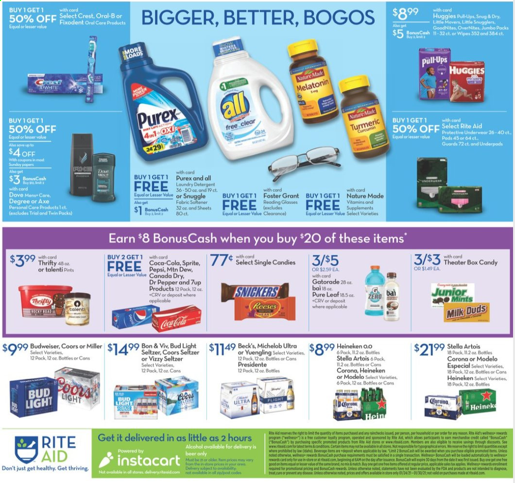 thumbnail - RITE AID Flyer - 01/24/2021 - 01/30/2021 - Sales products - Reese's, Talenti Gelato, Milk Duds, Snickers, turmeric, Canada Dry, Coca-Cola, Mountain Dew, Sprite, Pepsi, Dr. Pepper, 7UP, Bai, Gatorade, seltzer water, Pure Leaf, alcohol, beer, Budweiser, Stella Artois, Coors, Michelob, Bud Light, Corona Extra, Heineken, Miller, Beck's, Modelo, Huggies, Dove, detergent, wipes, Snuggle, fabric softener, Purex, Oral-B, Fixodent, Crest, Melatonin, Nature Made. Page 2.