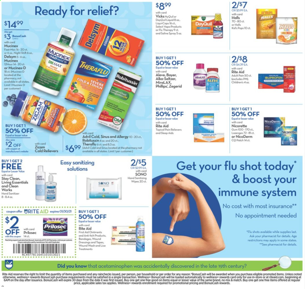 thumbnail - RITE AID Flyer - 01/24/2021 - 01/30/2021 - Sales products - Halls, honey, seltzer water, Boost, wipes, antiseptic wipes, Brite, hand sanitizer, Vicks, cap, Aleve, DayQuil, Delsym, MiraLAX, Mucinex, NicoDerm, Nicorette, Robitussin, Theraflu, Ibuprofen, NyQuil, Advil Rapid, Alka-seltzer, Nicorette Gum. Page 3.