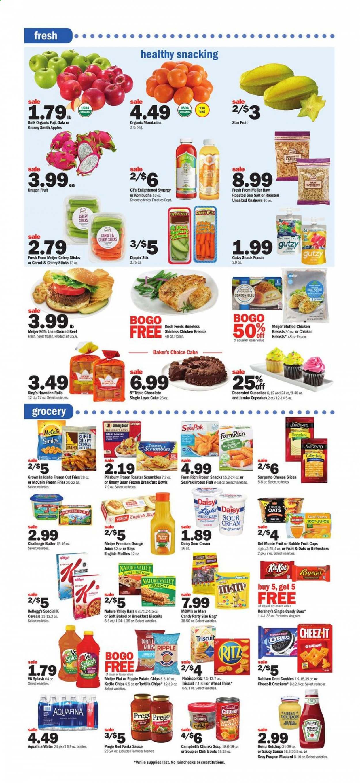 thumbnail - Meijer Flyer - 01/24/2021 - 01/30/2021 - Sales products - star fruit, fruit cup, cupcake, hawaiian rolls, cake, muffin, apples, fish, shrimps, Campbell's, english muffins, soup, sauce, Pillsbury, Jimmy Dean, stuffed chicken, Colby cheese, mozzarella, sliced cheese, cheese, Sargento, Oreo, kefir, butter, sour cream, Reese's, Hershey's, Enlightened lce Cream, celery, cordon bleu, McCain, potato fries, cookies, chocolate, Mars, M&M's, crackers, Kellogg's, biscuit, RITZ, tortilla chips, potato chips, snack, Thins, Cheez-It, oats, sea salt, mandarines, Heinz, cereals, Nature Valley, noodles, caramel, mustard, ketchup, pasta sauce, cashews, orange juice, juice, Aquafina, kombucha, chicken breasts, beef meat, ground beef, bowl, toaster, bag. Page 3.