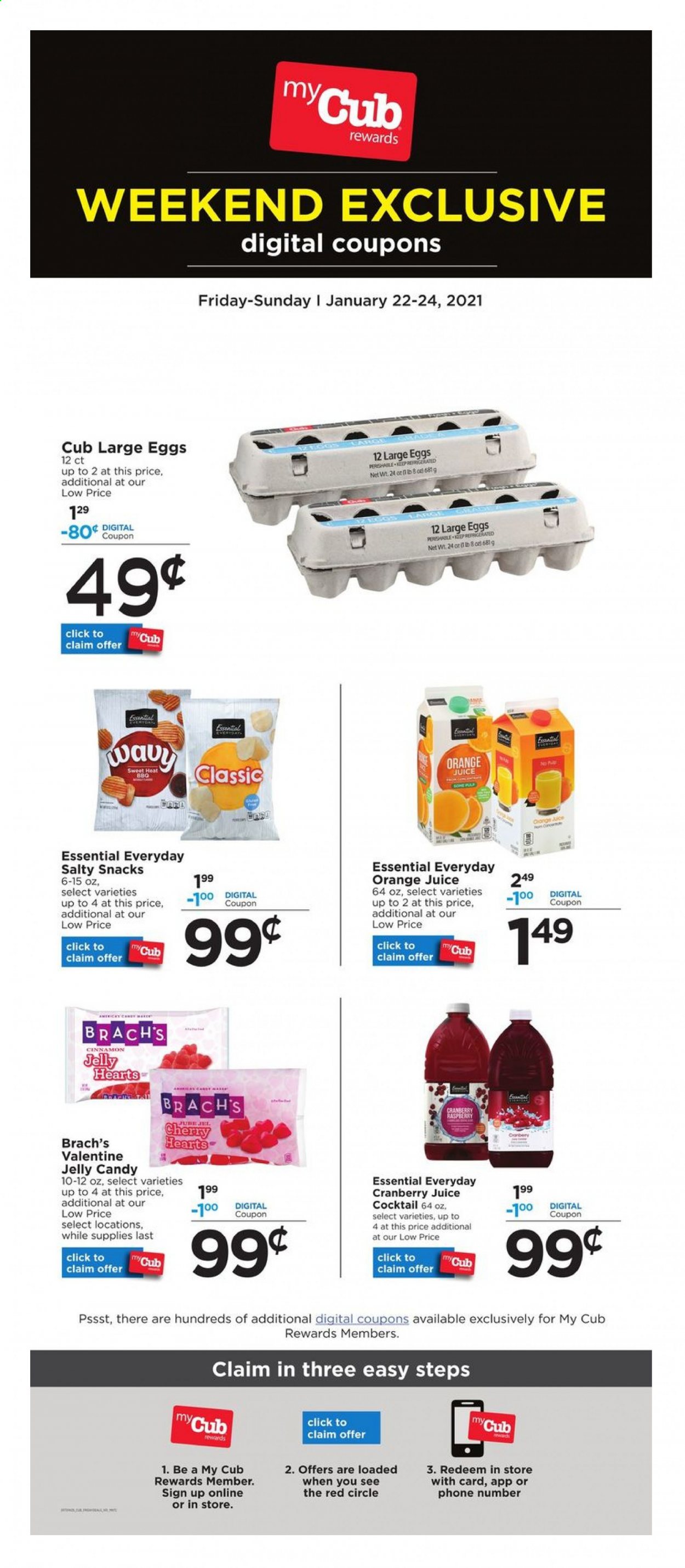 thumbnail - Cub Foods Flyer - 01/22/2021 - 01/24/2021 - Sales products - jelly, large eggs, jelly candy, snack, cinnamon, cranberry juice, orange juice, juice. Page 1.