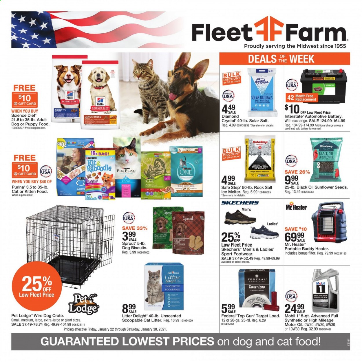 thumbnail - Fleet Farm Flyer - 01/22/2021 - 01/30/2021 - Sales products - Skechers, salt, sunflower seeds, crate, battery, cat litter, animal food, cat food, Science Diet, PRO PLAN, Purina, dog biscuits, Hill's, bag, gun, heater. Page 1.