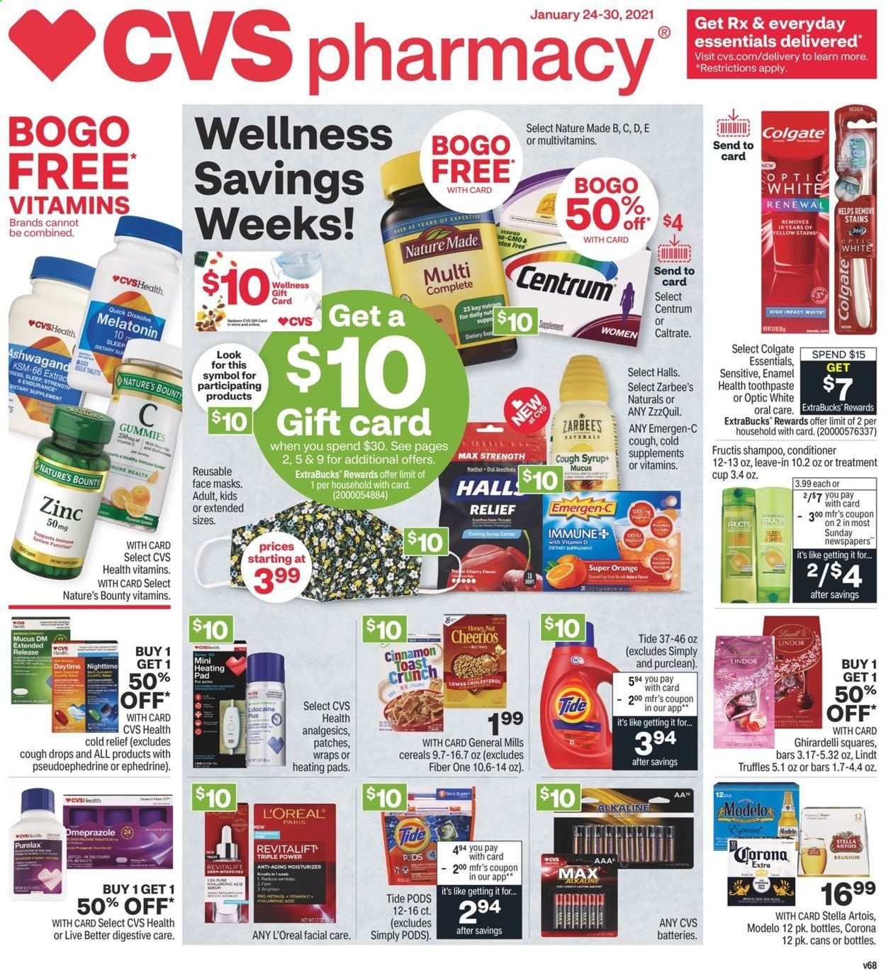 thumbnail - CVS Pharmacy Flyer - 01/24/2021 - 01/30/2021 - Sales products - Halls, Lindt, Lindor, Bounty, truffles, Digestive, Ghirardelli, cereals, Cheerios, Fiber One, Tide, shampoo, Colgate, toothpaste, Purelax, L’Oréal, conditioner, Fructis, battery, heating pad, Melatonin, multivitamin, Nature Made, Nature's Bounty, vitamin c, ZzzQuil, syrup, zinc, Emergen-C, cough drops, Centrum, face mask, beer, Stella Artois, Corona Extra, Modelo. Page 1.