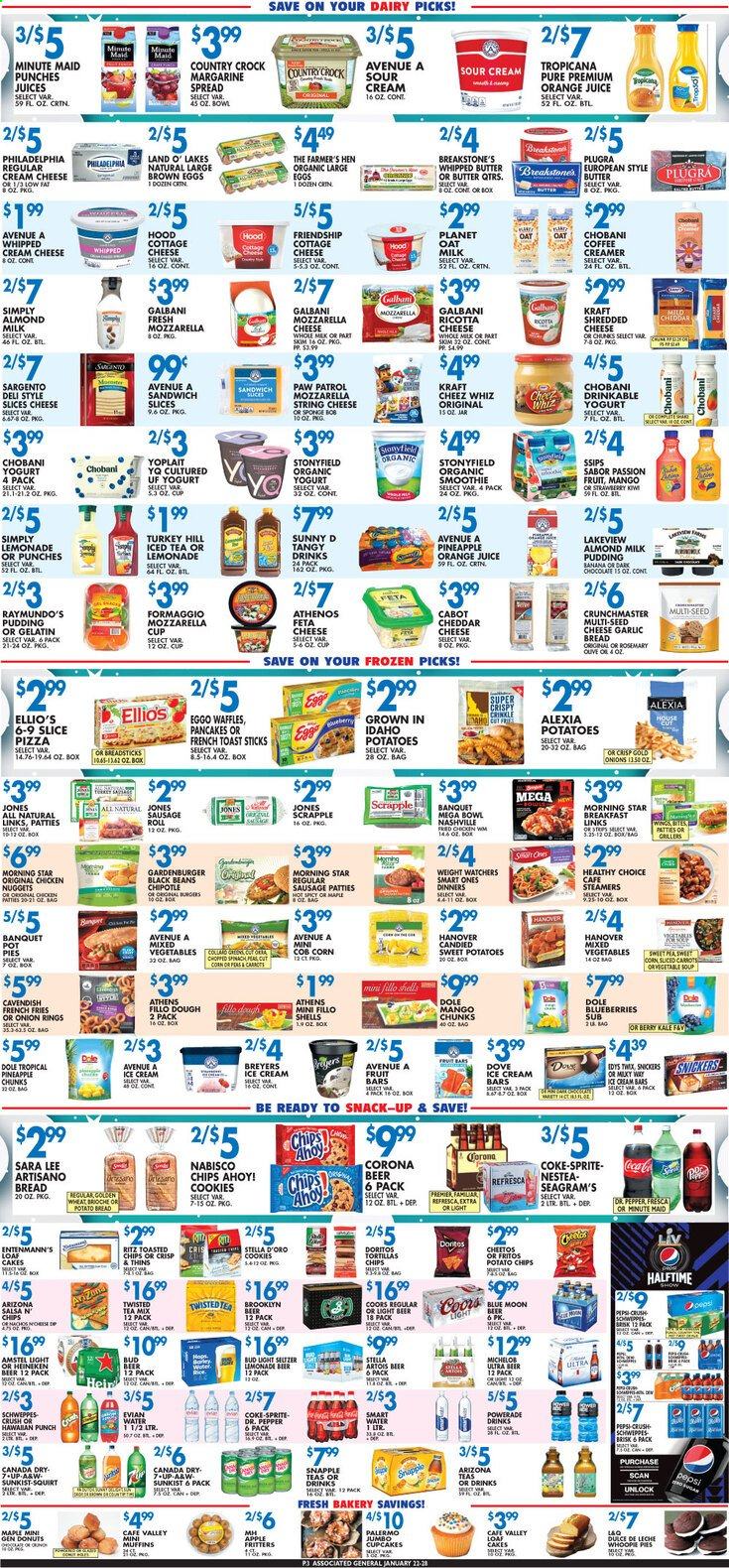 thumbnail - Associated Supermarkets Flyer - 01/22/2021 - 01/28/2021 - Sales products - Coors, Blue Moon, Twisted Tea, Michelob, sweet potato, Dole, blueberries, bread, bread sticks, sausage rolls, tortillas, toast bread, brioche, Sara Lee, cupcake, cake, donut, pancakes, muffin, waffles, Entenmann's, cream cheese, pizza, onion rings, sandwich, soup, nuggets, chicken nuggets, Healthy Choice, Kraft®, sausage, cottage cheese, mild cheddar, mozzarella, ricotta, sandwich slices, shredded cheese, string cheese, Philadelphia, feta, Galbani, Sargento, pudding, yoghurt, Yoplait, Chobani, almond milk, oat milk, large eggs, margarine, whipped butter, sour cream, whipped cream, creamer, salsa, ice cream, ice cream bars, beans, corn, mango, potato fries, french fries, cookies, Paw Patrol, chocolate, Chips Ahoy!, RITZ, Doritos, potato chips, Cheetos, snack, Thins, oats, garlic, Fritos, black beans, rosemary, Canada Dry, Coca-Cola, lemonade, Schweppes, Sprite, Powerade, Pepsi, orange juice, juice, Dr. Pepper, 7UP, AriZona, Snapple, A&W, smoothie, seltzer water, coffee, beer, Corona Extra, Heineken, Sol, Dove, bowl, gelatin, pineapple. Page 3.
