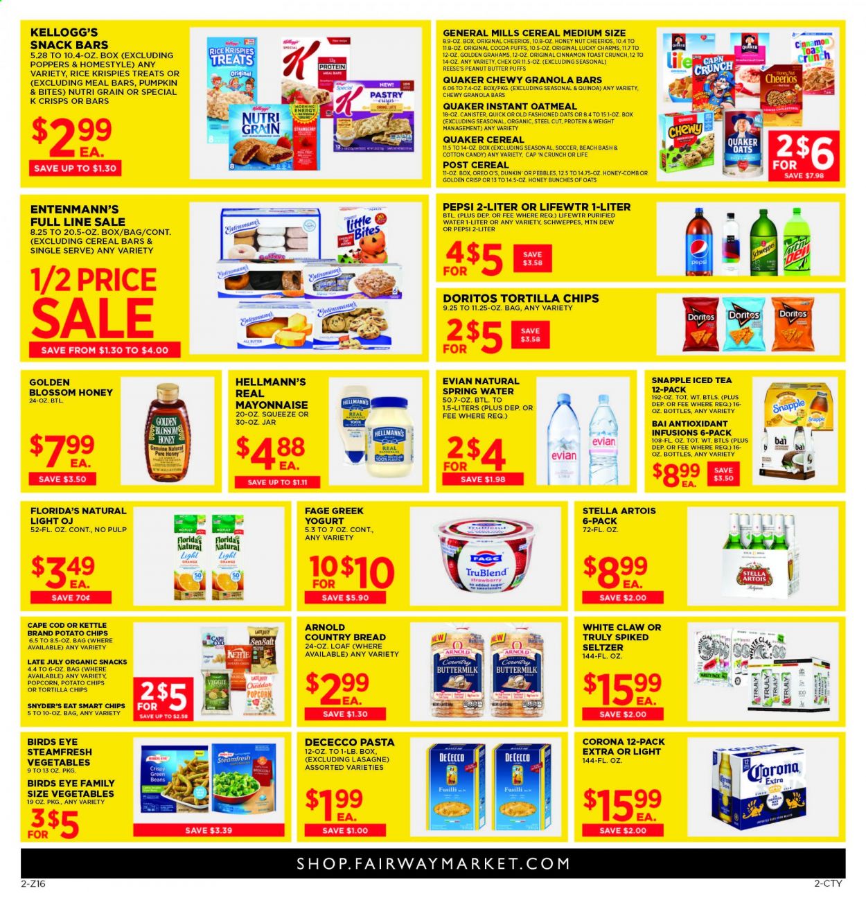 thumbnail - Fairway Market Flyer - 01/22/2021 - 01/28/2021 - Sales products - Stella Artois, green beans, bread, toast bread, puffs, Entenmann's, Little Bites, oranges, cod, Bird's Eye, Quaker, cheddar, Oreo, yoghurt, buttermilk, Blossom, mayonnaise, Hellmann’s, Reese's, beans, cereal bar, cotton candy, Kellogg's, snack bar, Florida's Natural, Doritos, tortilla chips, potato chips, chips, snack, popcorn, cocoa, oatmeal, cereals, Cheerios, granola bar, Rice Krispies, Nutri-Grain, lasagne sheets, quinoa, pasta, cinnamon, peanut butter, Mountain Dew, Schweppes, Pepsi, Snapple, Bai, seltzer water, spring water, purified water, Lifewtr, White Claw, TRULY, beer, Corona Extra. Page 2.