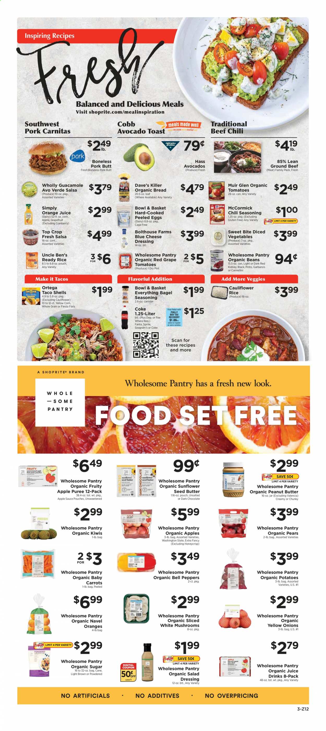 thumbnail - ShopRite Flyer - 01/24/2021 - 01/30/2021 - Sales products - mushrooms, bread, toast bread, tacos, bagels, pears, sauce, Bowl & Basket, guacamole, blue cheese, cheese, eggs, cage free eggs, salsa, beans, carrots, cauliflower, corn, bell peppers, chocolate, sugar, Uncle Ben's, rice, blue cheese dressing, salad dressing, dressing, apple sauce, peanut butter, sunflower seeds, Coca-Cola, Sprite, orange juice, juice, Fanta, beef meat, ground beef, bowl, plant seeds. Page 3.