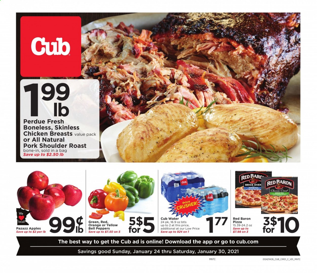 thumbnail - Cub Foods Flyer - 01/24/2021 - 01/30/2021 - Sales products - oranges, pizza, Perdue®, pepperoni, Red Baron, chicken breasts, pork meat, pork roast, pork shoulder. Page 1.
