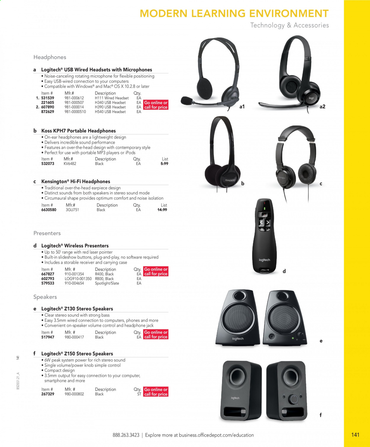 thumbnail - Office DEPOT Flyer - Sales products - laser pointer, spotlight, computer, Logitech, receiver, hi-fi, speaker, microphone, headset, headphones. Page 141.