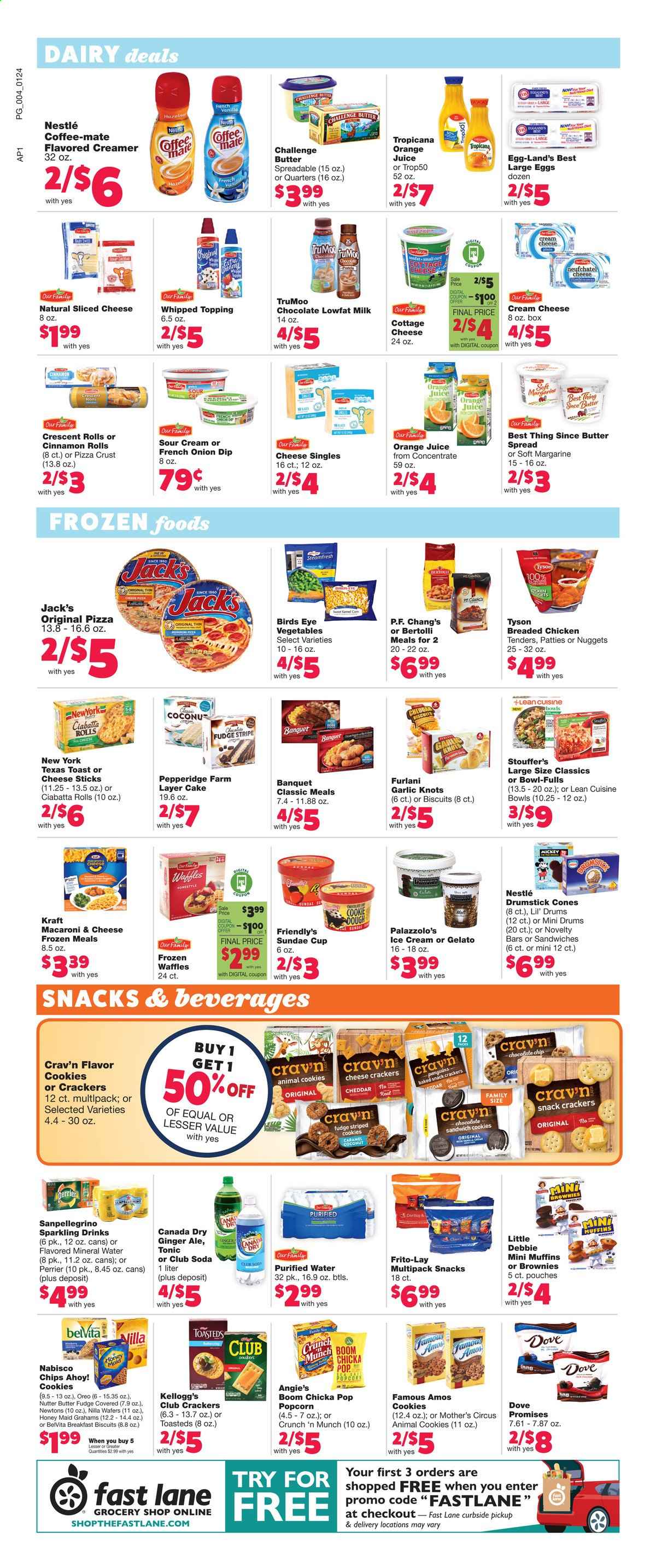 thumbnail - Family Fare Flyer - 01/24/2021 - 01/30/2021 - Sales products - ciabatta, toast bread, cinnamon roll, crescent rolls, cake, brownies, muffin, waffles, coconut, cream cheese, macaroni & cheese, pizza, sandwich, nuggets, fried chicken, Bird's Eye, Lean Cuisine, bowl-fulls, Kraft®, Bertolli, pepperoni, cottage cheese, Neufchâtel, sliced cheese, cheddar, Oreo, Coffee-Mate, milk, large eggs, butter, margarine, sour cream, creamer, dip, ice cream, Friendly's Ice Cream, gelato, Stouffer's, cookies, fudge, Nestlé, sandwich cookies, wafers, crackers, Kellogg's, biscuit, Chips Ahoy!, Doritos, snack, popcorn, Frito-Lay, cheese sticks, topping, garlic, belVita, Honey Maid, caramel, Canada Dry, ginger ale, orange juice, soda, juice, tonic, Perrier, Club Soda, mineral water, purified water, chicken tenders, Mickey Mouse, Dove, cup. Page 6.
