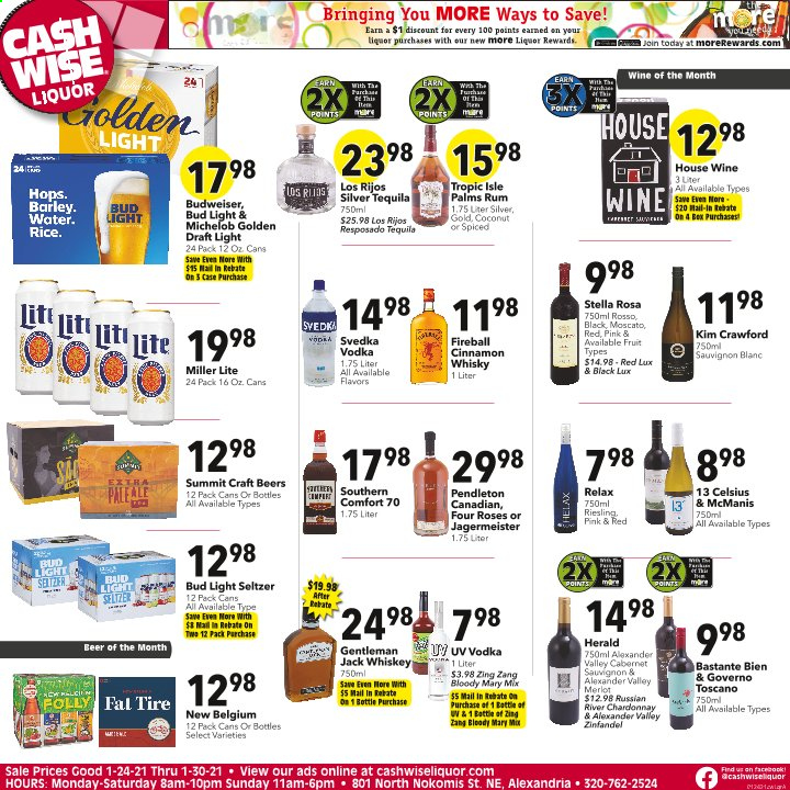 thumbnail - Cash Wise Liquor Only Flyer - 01/24/2021 - 01/30/2021 - Sales products - Budweiser, Miller Lite, Michelob, coconut, Moscato, seltzer water, Cabernet Sauvignon, Riesling, Chardonnay, wine, Merlot, Sauvignon Blanc, rum, tequila, vodka, whiskey, liquor, Jägermeister, cinnamon whisky, whisky, beer, Bud Light. Page 1.