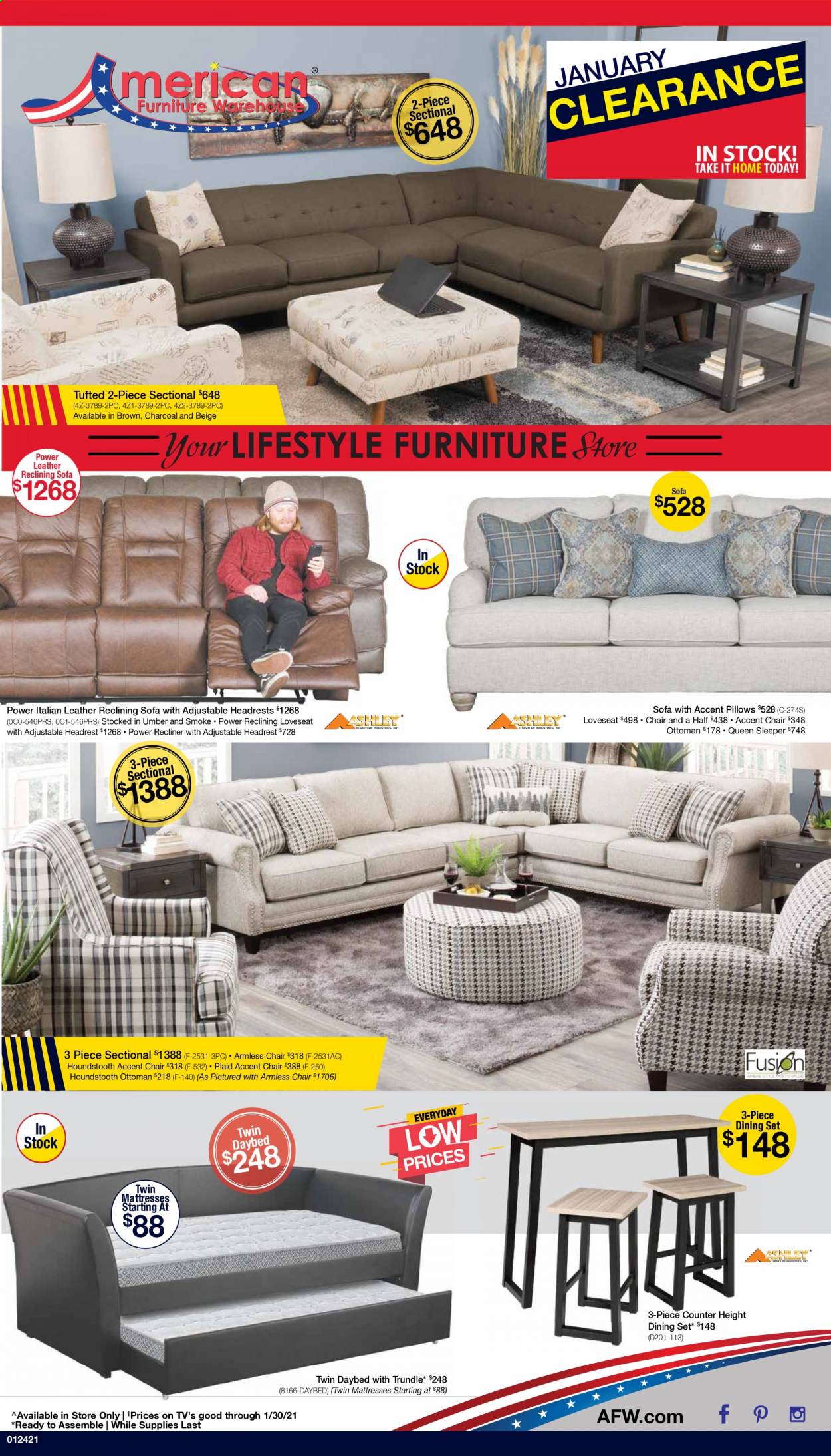 thumbnail - American Furniture Warehouse Flyer - 01/21/2021 - 01/30/2021 - Sales products - dining set, chair, 2-piece sectional, 3-piece sectional, accent chair, loveseat, sofa, recliner chair, ottoman, daybed, mattress, pillow, charcoal. Page 1.