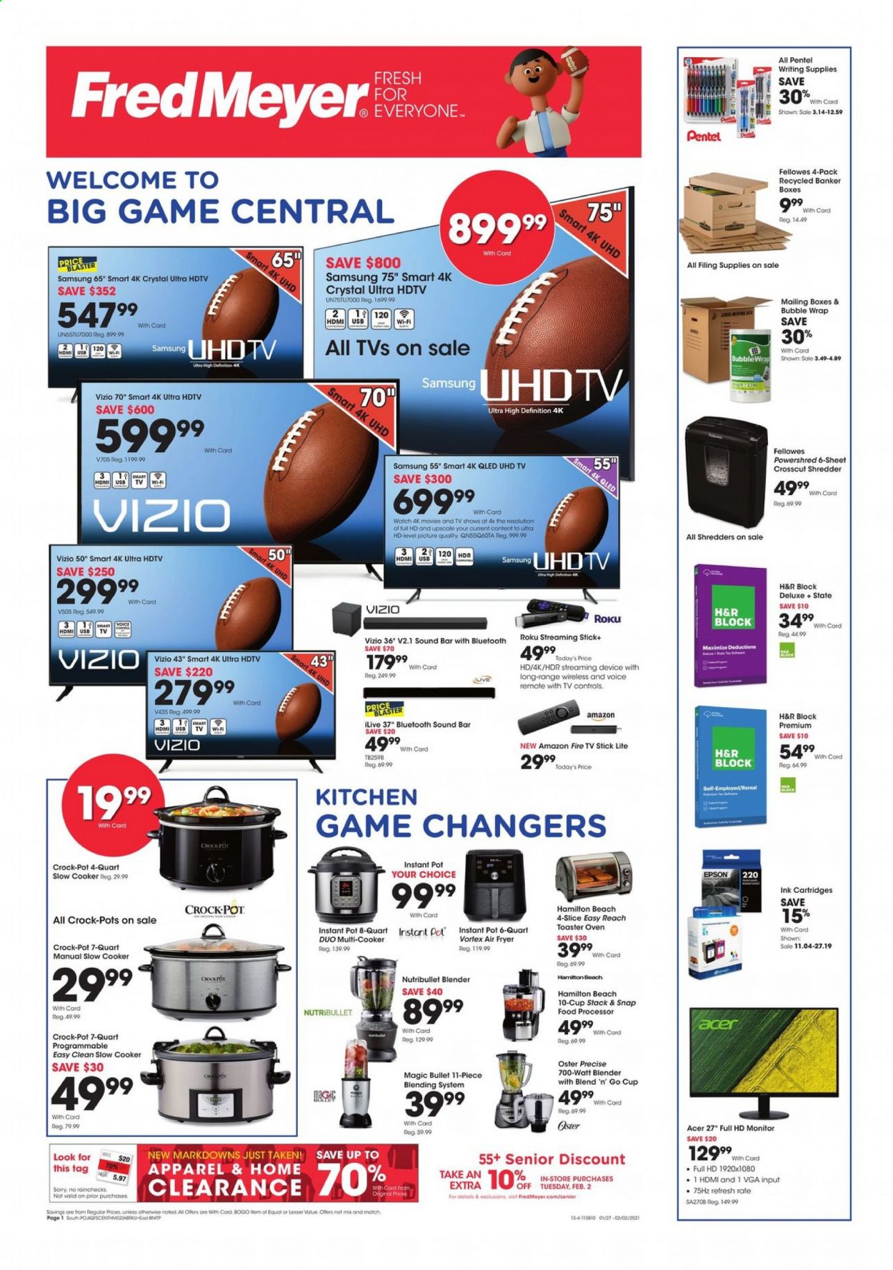 thumbnail - Fred Meyer Flyer - 01/27/2021 - 02/02/2021 - Sales products - Acer, Vizio, Amazon Fire, pot, cup, bubble wrap, writing supplies, Samsung, monitor, Full HD monitor, roku tv, smart tv, UHD TV, ultra hd, HDTV, TV, Epson, sound bar, Fire TV Stick. Page 1.