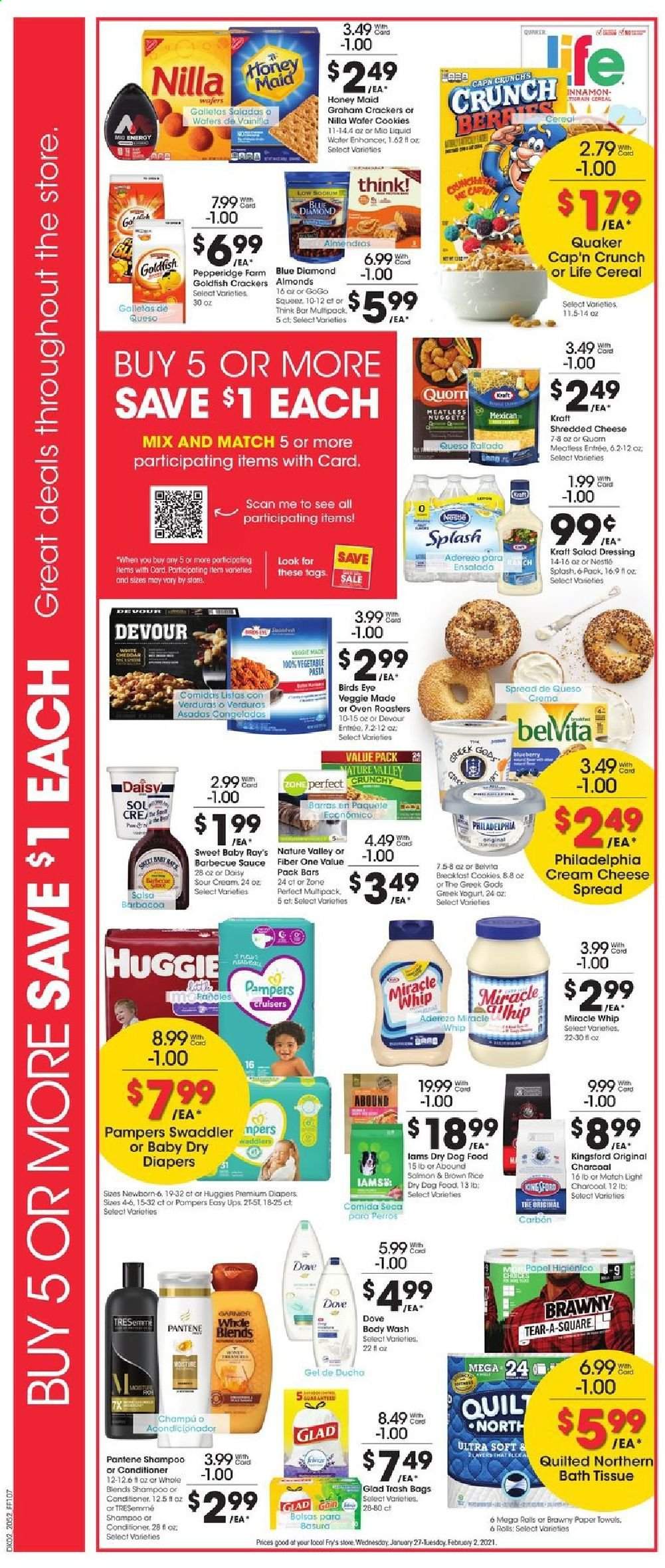 thumbnail - Fry’s Flyer - 01/27/2021 - 02/02/2021 - Sales products - cream cheese, sauce, Bird's Eye, Quaker, Kraft®, cheese spread, shredded cheese, Philadelphia, greek yoghurt, yoghurt, sour cream, Miracle Whip, salsa, Devour, cookies, graham crackers, Nestlé, wafers, crackers, Goldfish, cereals, Cap'n Crunch, belVita, Honey Maid, Nature Valley, Fiber One, Zone Perfect, brown rice, rice, pasta, BBQ sauce, salad dressing, dressing, almonds, Blue Diamond, Sol, Huggies, Pampers, Dove, bath tissue, Quilted Northern, kitchen towels, paper towels, Gain, body wash, shampoo, conditioner, TRESemmé, Pantene, trash bags, quilt, animal food, dog food, dry dog food, oven. Page 3.