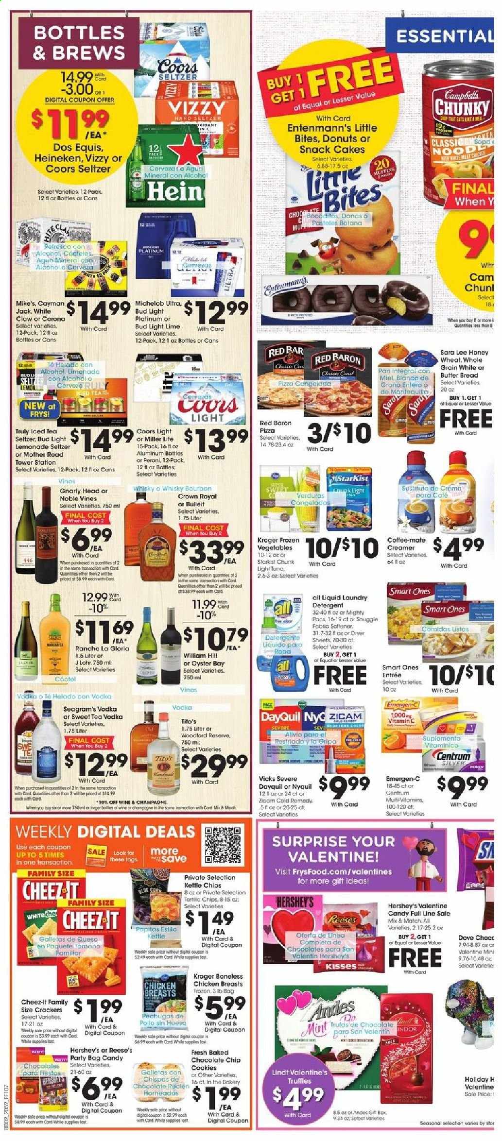 thumbnail - Fry’s Flyer - 01/27/2021 - 02/02/2021 - Sales products - bread, Sara Lee, cake, donut, muffin, Entenmann's, Little Bites, tuna, StarKist, pizza, Coffee-Mate, creamer, Reese's, Hershey's, Red Baron, cookies, Lindt, truffles, crackers, snack, light tuna, lemonade, seltzer water, champagne, wine, alcohol, bourbon, vodka, whiskey, White Claw, Hard Seltzer, TRULY, beer, Miller Lite, Coors, Dos Equis, Michelob, Bud Light, Corona Extra, Heineken, Peroni, chicken breasts, Dove, detergent, Snuggle, fabric softener, laundry detergent, dryer sheets, Vicks, pan, kettle, DayQuil, vitamin c, NyQuil, Emergen-C, Centrum. Page 4.