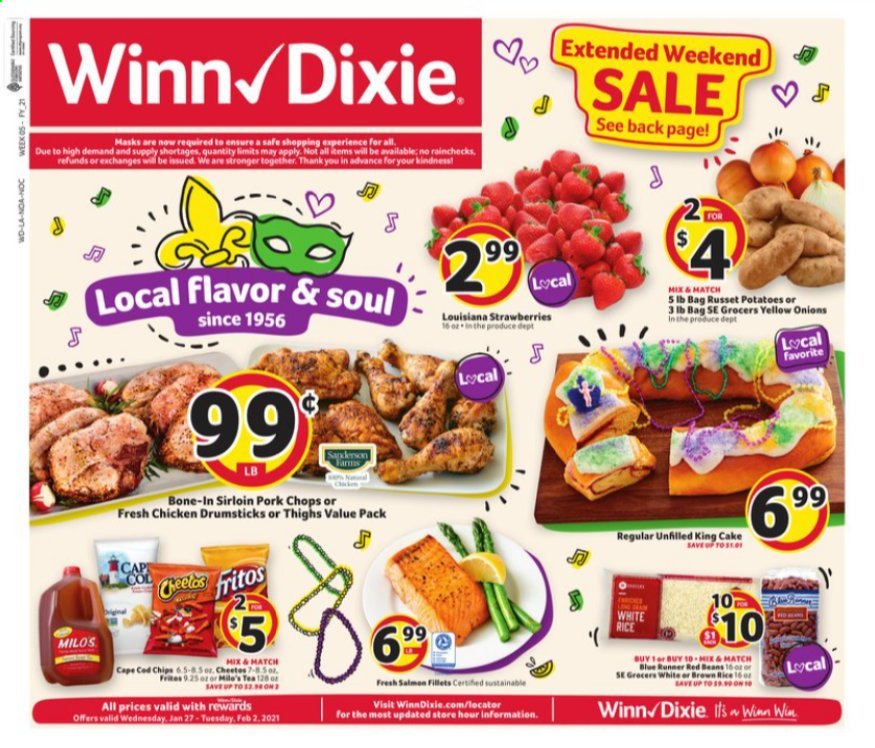 thumbnail - Winn Dixie Flyer - 01/27/2021 - 02/02/2021 - Sales products - cake, cod, beans, strawberries, chips, red beans, rice, white rice, chicken drumsticks, pork chops, pork meat. Page 1.