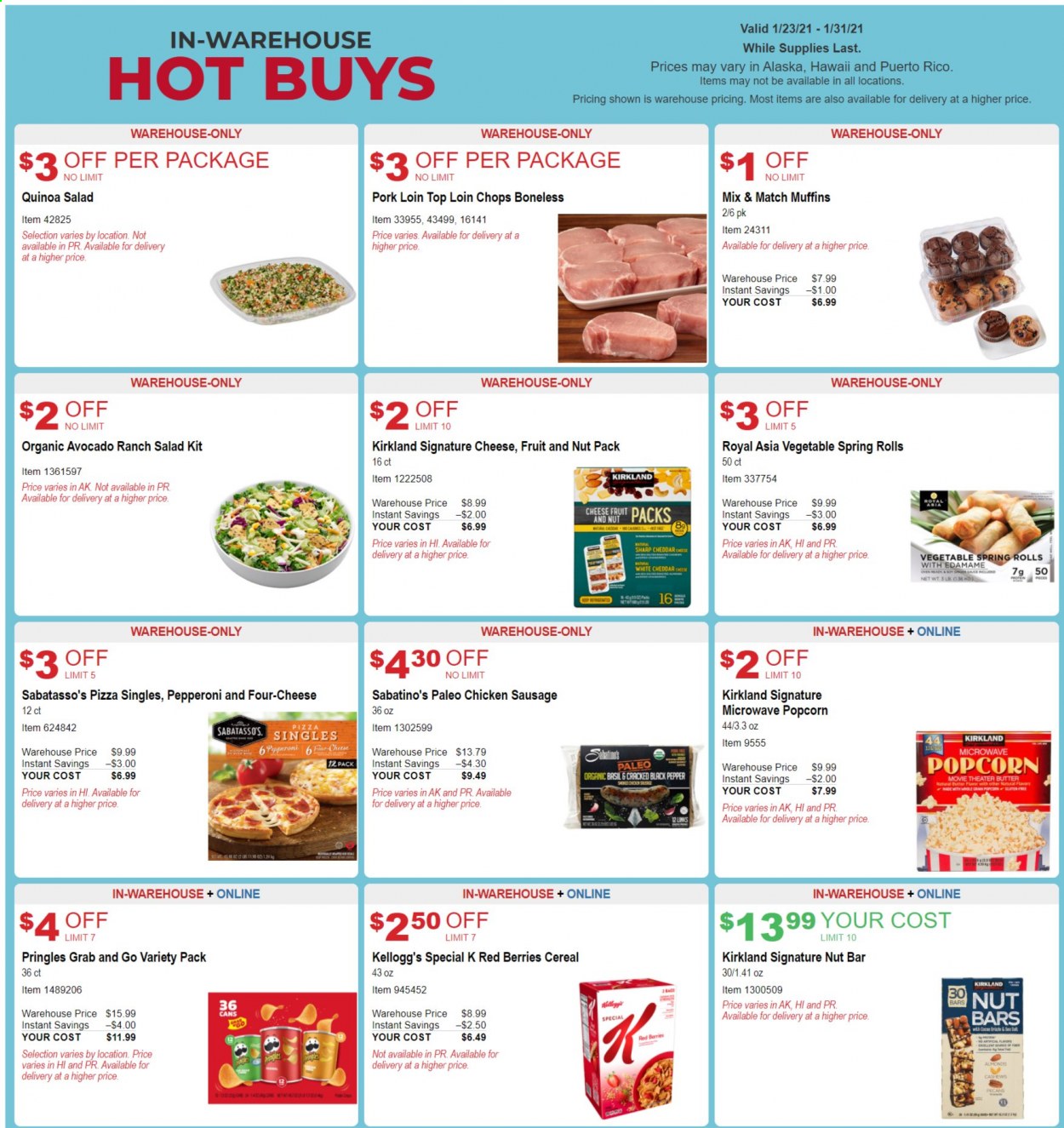 thumbnail - Costco Flyer - 01/23/2021 - 01/31/2021 - Sales products - muffin, pizza, salad, spring rolls, sausage, pepperoni, chicken sausage, cheddar, cheese, butter, Edamame, Kellogg's, Pringles, popcorn, cereals, nut bar, quinoa, esponja, black pepper, pork loin, pork meat, Sharp, microwave, avocado. Page 1.