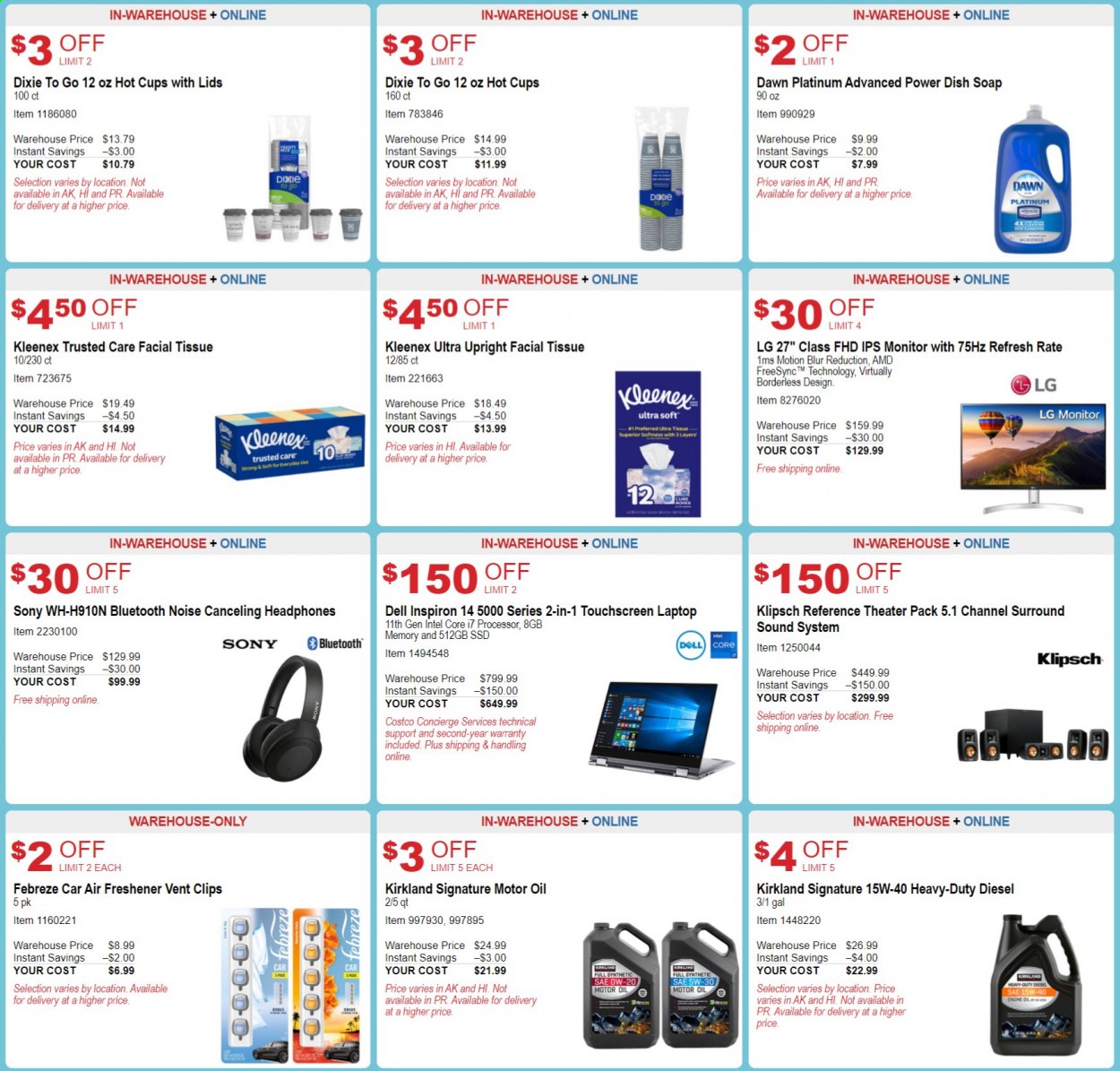 thumbnail - Costco Flyer - 01/23/2021 - 01/31/2021 - Sales products - Sony, Dell, LG, Kleenex, tissues, Febreze, soap, Dixie, cup, air freshener, laptop, Inspiron, touchscreen laptop, Intel, monitor, headphones, motor oil. Page 3.