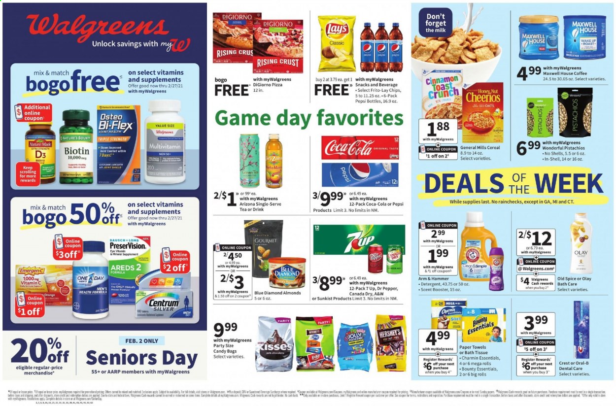 thumbnail - Walgreens Flyer - 01/31/2021 - 02/06/2021 - Sales products - toast bread, pizza, Hershey's, milk chocolate, chocolate, Bounty, chips, snack, Lay’s, Frito-Lay, ARM & HAMMER, oats, cereals, Cheerios, almonds, pistachios, Blue Diamond, Canada Dry, Coca-Cola, Pepsi, Dr. Pepper, 7UP, AriZona, A&W, green tea, Maxwell House, tea, coffee, bath tissue, kitchen towels, paper towels, Charmin, detergent, Old Spice, Oral-B, Crest, Olay, Biotin, multivitamin, Nature Made, Nature's Bounty, vitamin c, ginseng, Bi-Flex, Emergen-C, vitamin D3, Centrum, 7 Days. Page 1.