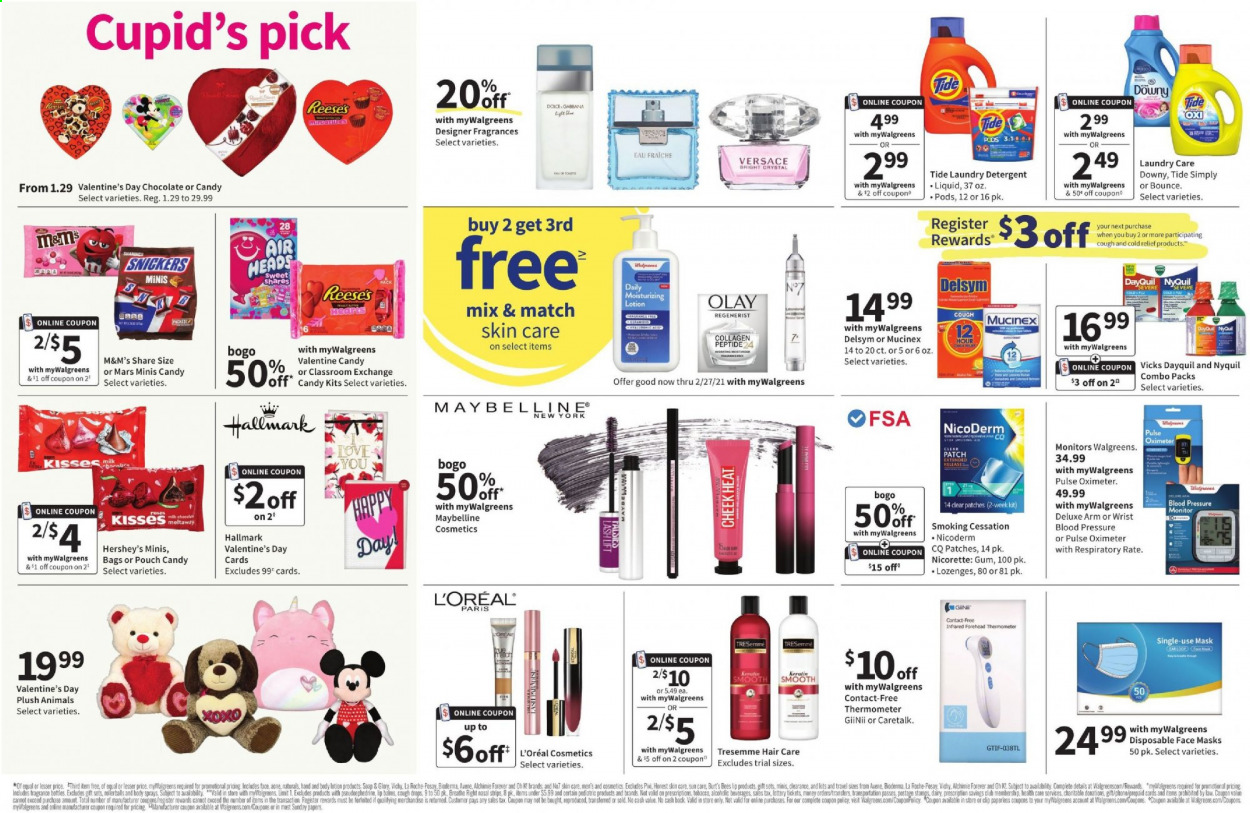 thumbnail - Walgreens Flyer - 01/31/2021 - 02/06/2021 - Sales products - Versace, Reese's, Hershey's, chocolate, Snickers, Mars, M&M's, detergent, Tide, laundry detergent, Bounce, Vichy, soap, L’Oréal, La Roche-Posay, Olay, TRESemmé, keratin, body lotion, fragrance, Vicks, DayQuil, Delsym, Mucinex, NicoDerm, Nicorette, NyQuil, cough drops, thermometer, face mask, pulse oximeter. Page 2.