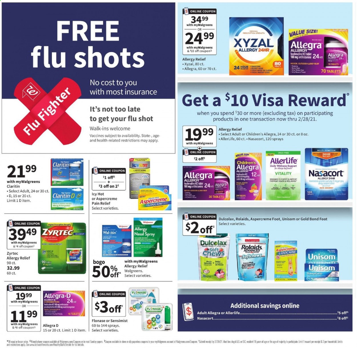 thumbnail - Walgreens Flyer - 01/31/2021 - 02/06/2021 - Sales products - chewing gum, alcohol, pain relief, Dulcolax, Unisom, Zyrtec, Aspercreme, nasal spray, allergy relief. Page 14.