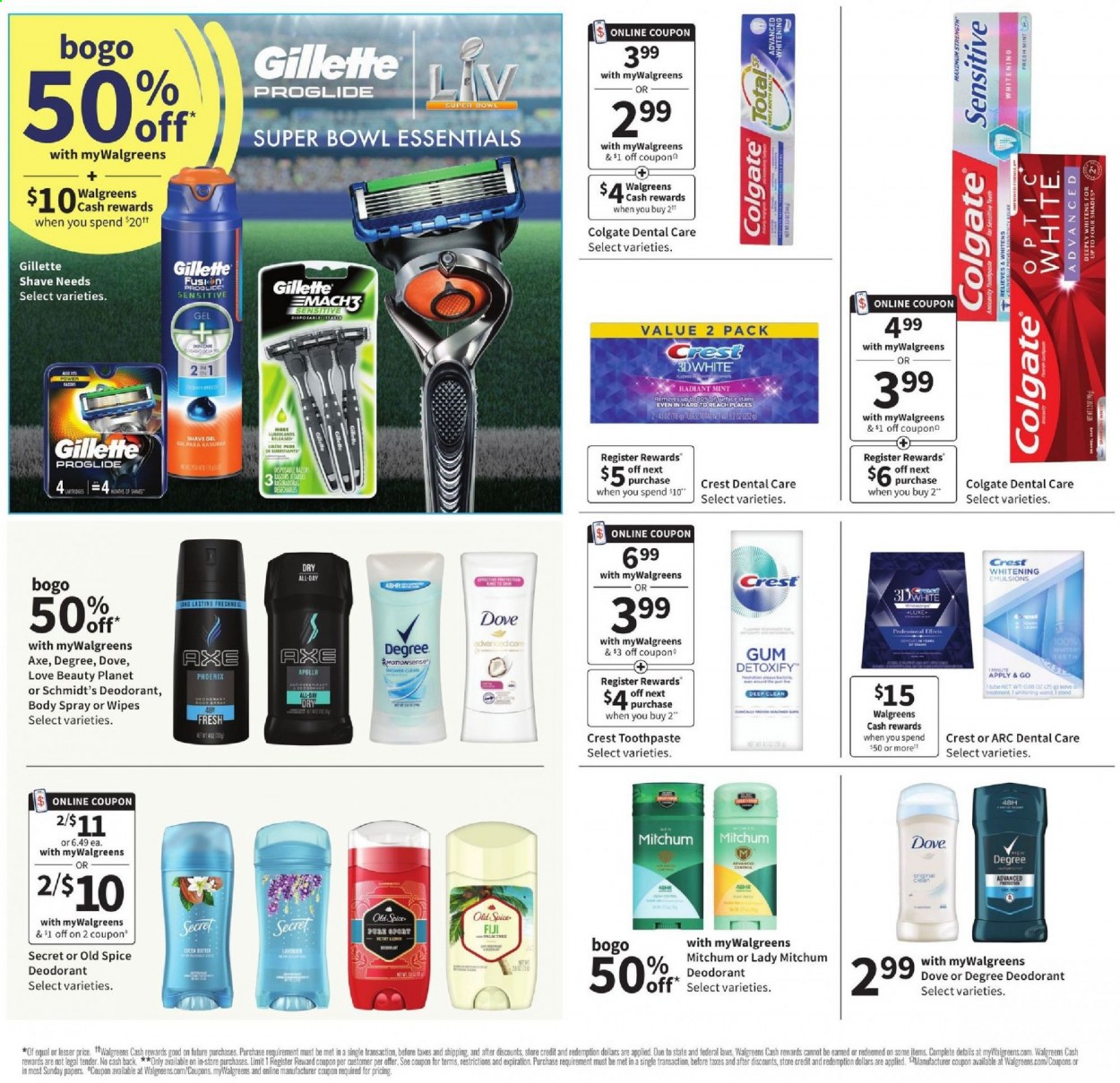 thumbnail - Walgreens Flyer - 01/31/2021 - 02/06/2021 - Sales products - wipes, Dove, Old Spice, Colgate, toothpaste, Crest, body spray, anti-perspirant, deodorant, Gillette, shave gel. Page 18.