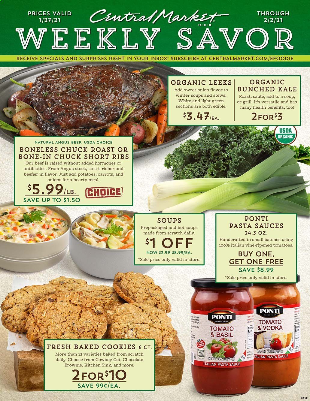 thumbnail - Central Market Flyer - 01/27/2021 - 02/02/2021 - Sales products - brownies, soup, carrots, cookies, chocolate, oats, pasta sauce, vodka, beef meat, chuck roast. Page 1.