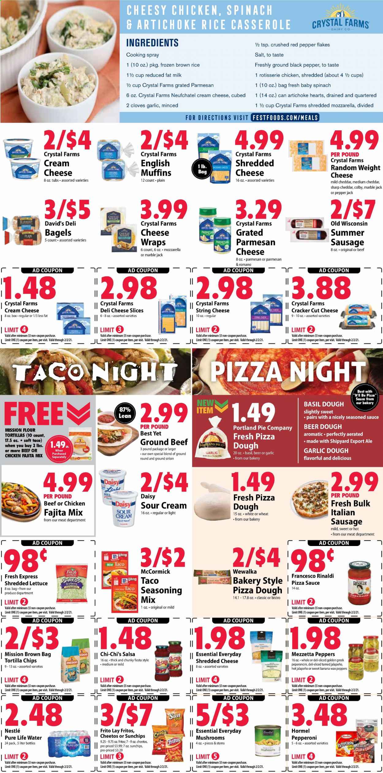 thumbnail - Festival Foods Flyer - 01/27/2021 - 02/02/2021 - Sales products - bagels, pie, muffin, cream cheese, english muffins, fajita, Hormel, sausage, pepperoni, italian sausage, Colby cheese, mild cheddar, mozzarella, Neufchâtel, shredded cheese, sliced cheese, string cheese, parmesan, Pepper Jack cheese, milk, sour cream, salsa, pizza dough, lettuce, Nestlé, crackers, tortilla chips, Cheetos, flour, salt, garlic, jalapeño, Fritos, brown rice, rice, esponja, cloves, cooking spray, Pure Life Water, beer, beef meat, ground beef. Page 4.
