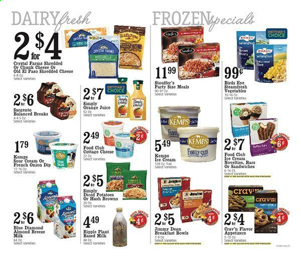 thumbnail - Coborn's Flyer - 01/27/2021 - 02/02/2021 - Sales products - Old El Paso, diced potatoes, hash browns, breakfast bowl, Bird's Eye, Jimmy Dean, cottage cheese, shredded cheese, chunk cheese, Kemps, Sargento, Almond Breeze, milk, sour cream, dip, ice cream, corn, Stouffer's, Blue Diamond, orange juice, juice. Page 5.