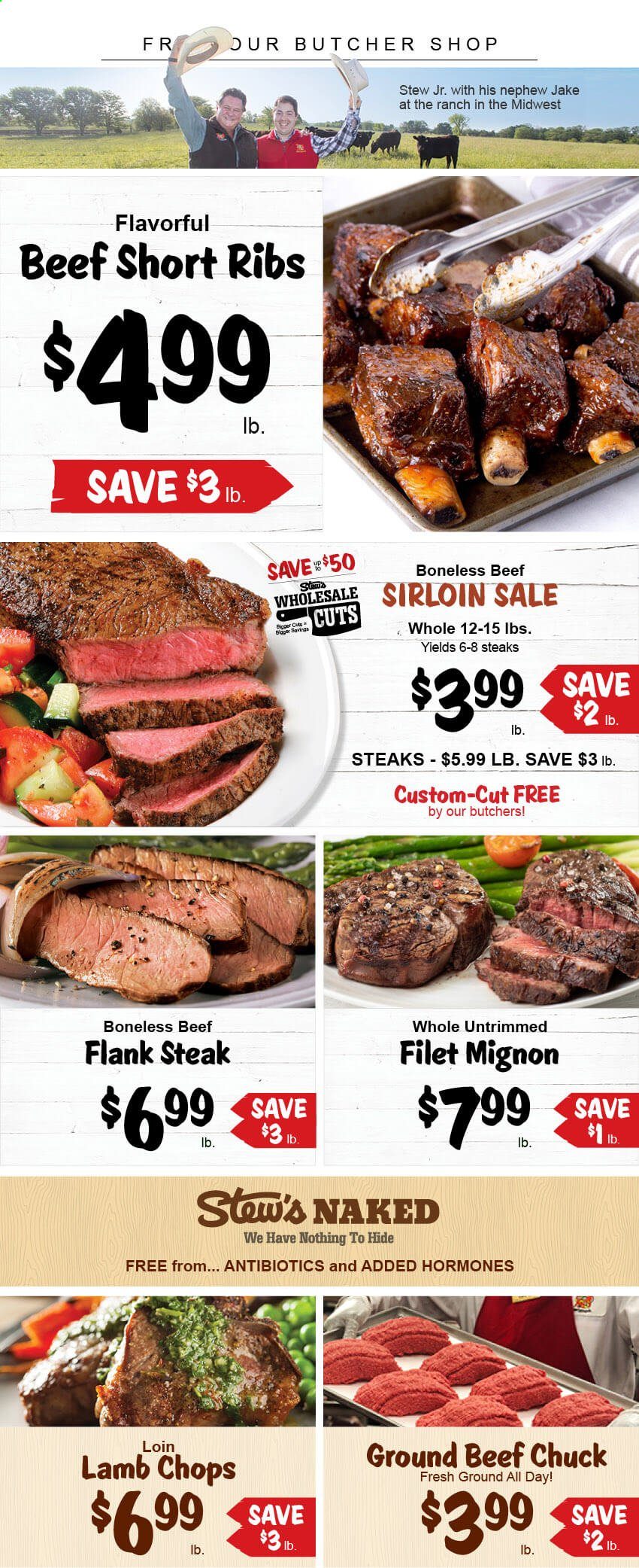 thumbnail - Stew Leonard's Flyer - 01/27/2021 - 02/02/2021 - Sales products - beef meat, beef ribs, ground beef, steak, flank steak, lamb chops, lamb meat. Page 1.