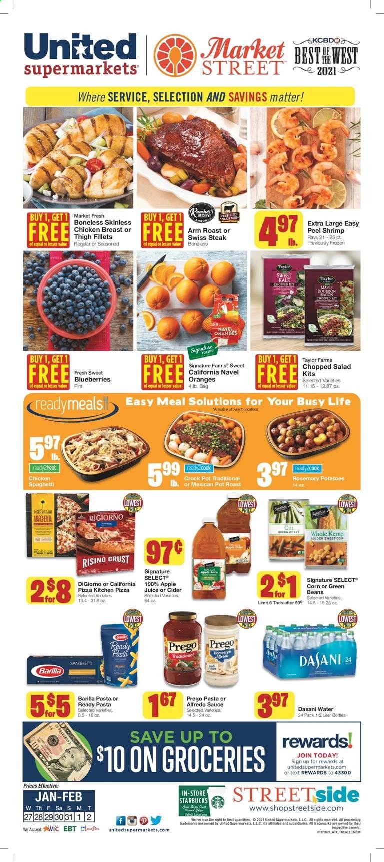 thumbnail - United Supermarkets Flyer - 01/27/2021 - 02/02/2021 - Sales products - green beans, blueberries, oranges, chicken breasts, chicken roast, steak, shrimps, pizza, salad, sauce, Barilla, Alfredo sauce, bacon, beans, corn, spaghetti, pasta, penne, rosemary, apple juice, juice, apple cider, pot. Page 1.