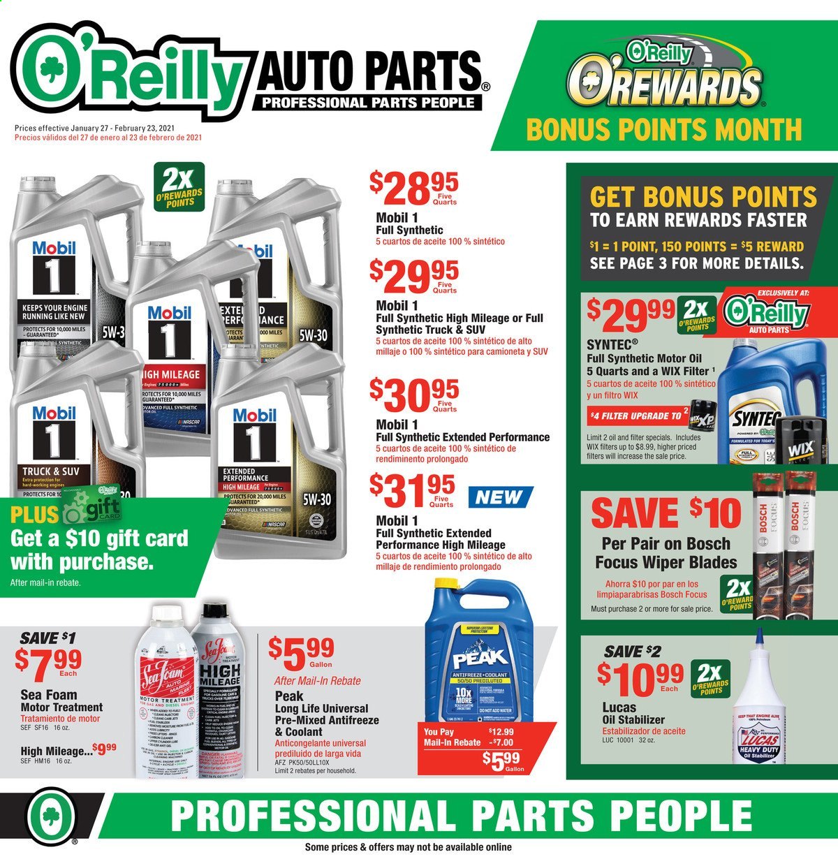 thumbnail - O'Reilly Auto Parts Flyer - 01/27/2021 - 02/23/2021 - Sales products - Bosch, wiper blades, Lucas, antifreeze, Mobil, motor oil. Page 1.