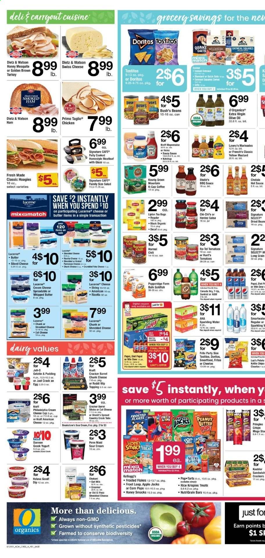 thumbnail - ACME Flyer - 01/29/2021 - 02/04/2021 - Sales products - Old El Paso, cream cheese, salad, sauce, meatloaf, Kraft®, Hormel, ham, smoked ham, Dietz & Watson, american cheese, ricotta, shredded cheese, sliced cheese, swiss cheese, Philadelphia, cheese cup, feta, chunk cheese, greek yoghurt, pudding, yoghurt, Oikos, Chobani, Dannon, milk, oat milk, whipped butter, sour cream, creamer, mayonnaise, salsa, dip, beans, crackers, Kellogg's, Keebler, Doritos, Pringles, Cheetos, chips, Lay’s, Smartfood, Goldfish, Tostitos, oatmeal, oats, topping, Jell-O, Heinz, cereals, Fritos, Rice Krispies, Quick Oats, Frosted Flakes, Corn Pops, Nutri-Grain, BBQ sauce, mustard, hot sauce, extra virgin olive oil, olive oil, honey, peanut butter, Canada Dry, Mountain Dew, Pepsi, Lipton, Diet Pepsi, 7UP, A&W, sparkling water, tea bags, coffee, coffee capsules, K-Cups, Keurig, Green Mountain, pan, gelatin. Page 2.