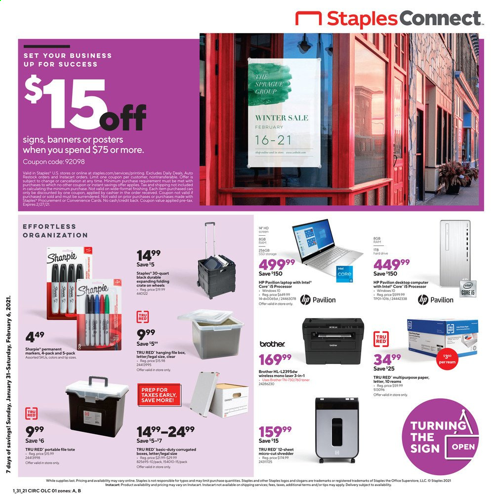 thumbnail - Staples Flyer - 01/31/2021 - 02/06/2021 - Sales products - Hewlett Packard, Brother, paper, Sharpie, desktop computer, laptop, computer, Intel, hard disk, shredder, toner, tote. Page 1.